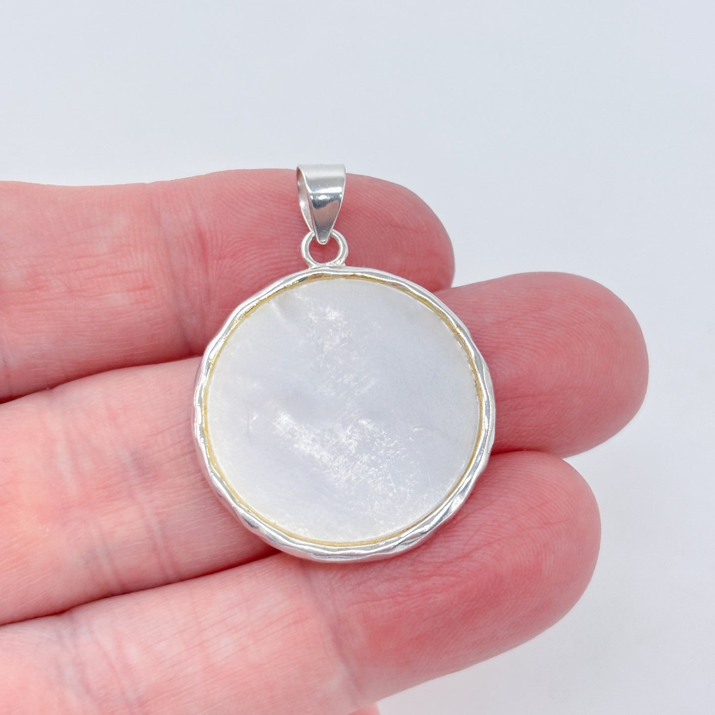 Vintage Sterling Silver 925 Mother of Pearl Disk Pendant
