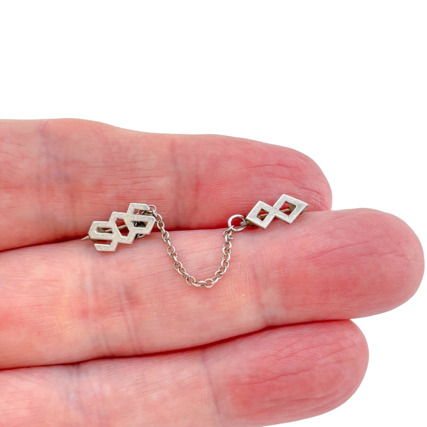 Vintage Sterling Silver SOS Geometric Dual Pin with Chain