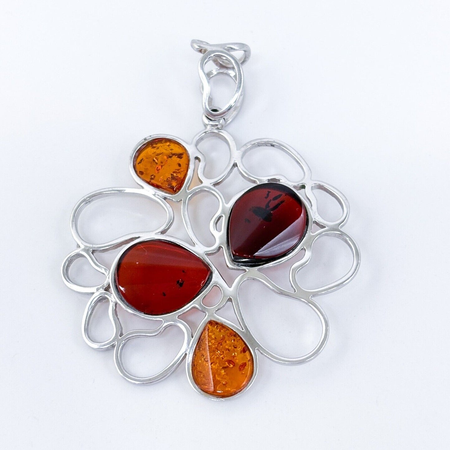 Vintage SML Sterling Silver 925 7cm Multi-Tone Amber Teardrop Pendant