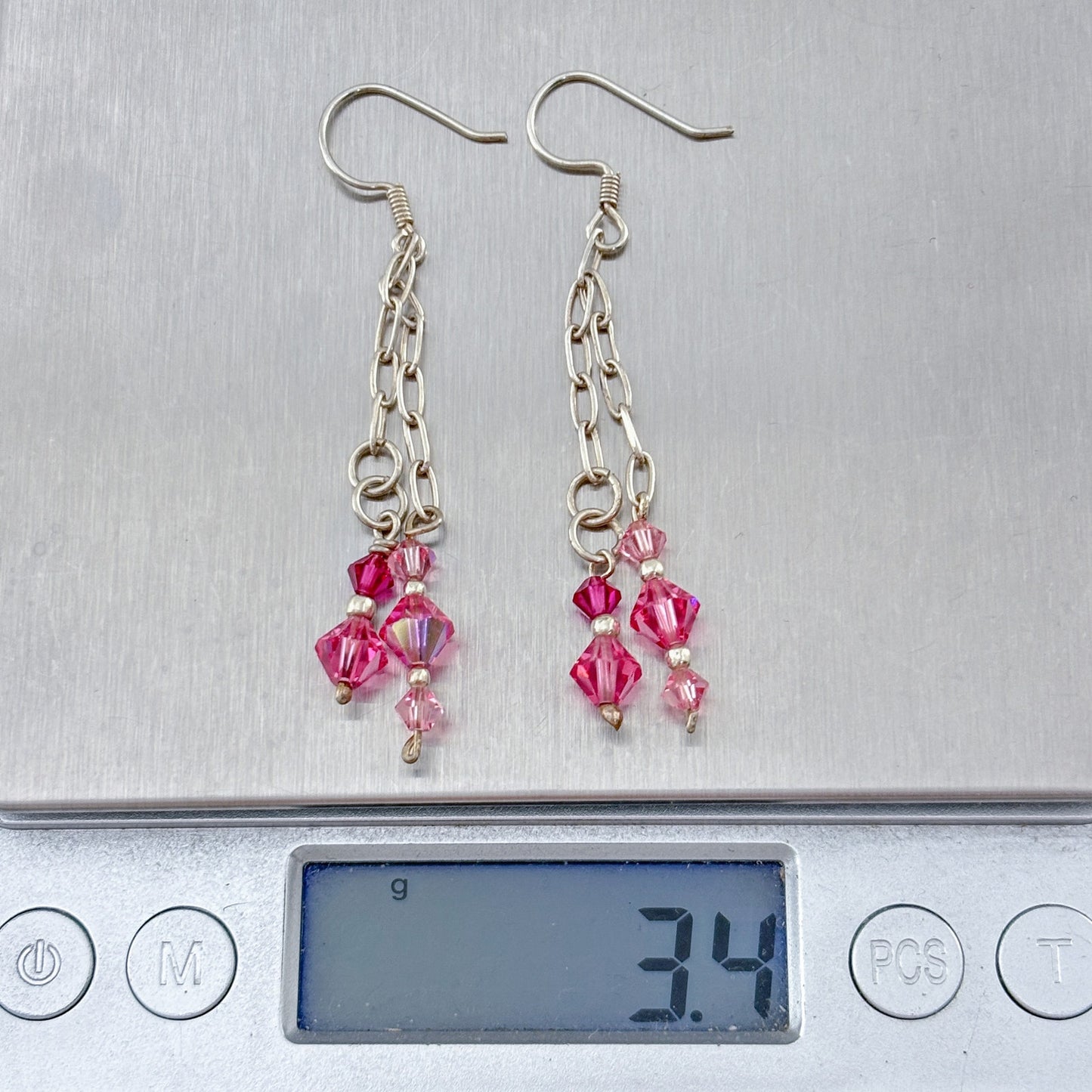 Vintage Sterling Silver 925 Pink Crystal Chain Dangle Earrings