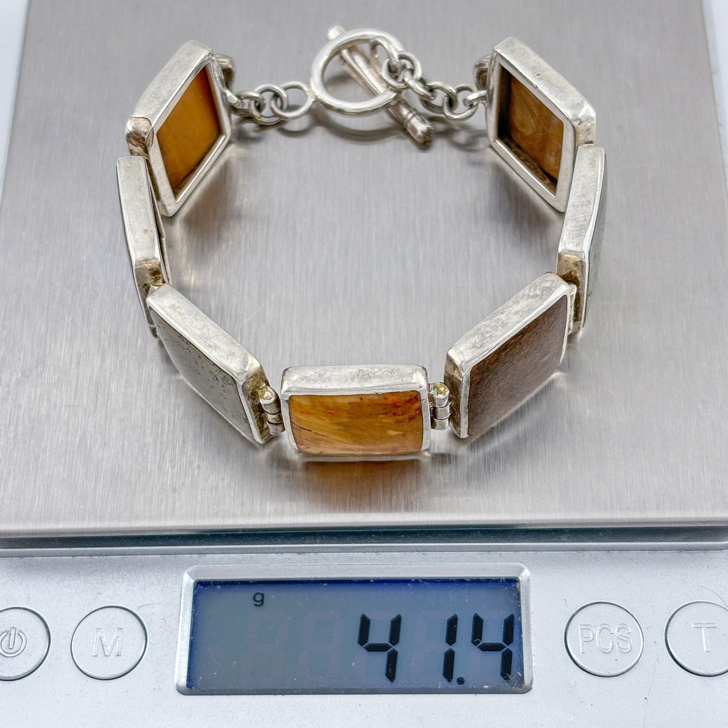 Vintage Sterling Silver 925 Pyrite Bronzite Jasper Link Bracelet 7.25"