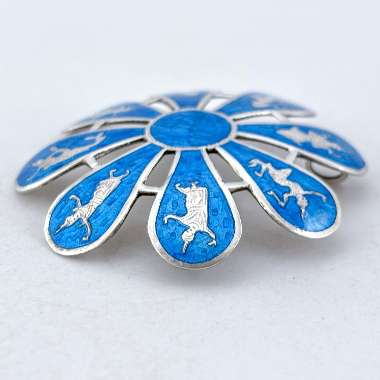 Vintage Sterling Silver 925 Siam Blue Enamel Flower Brooch