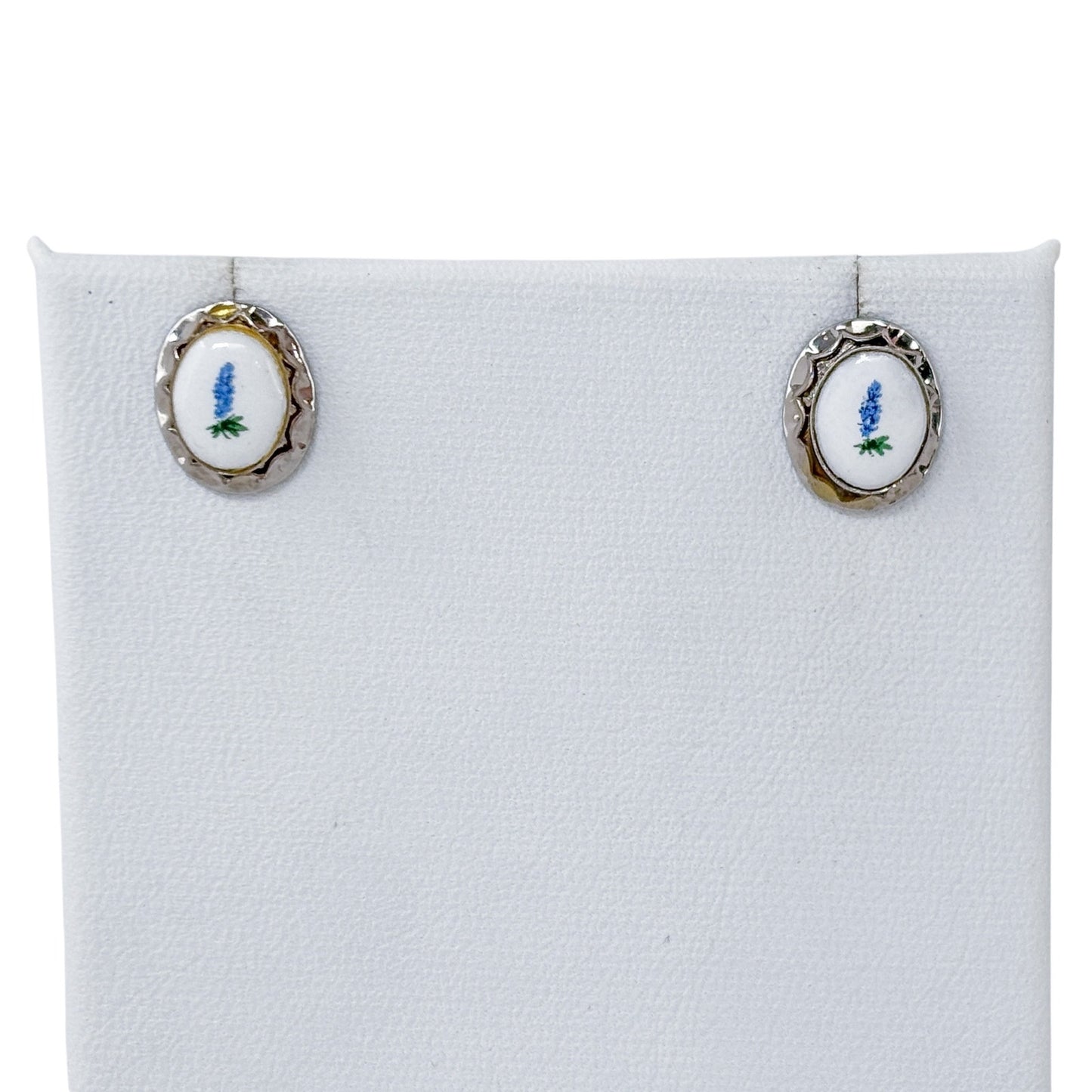 Vintage Sterling Silver 925 Blue Flower Porcelain Stud Earrings