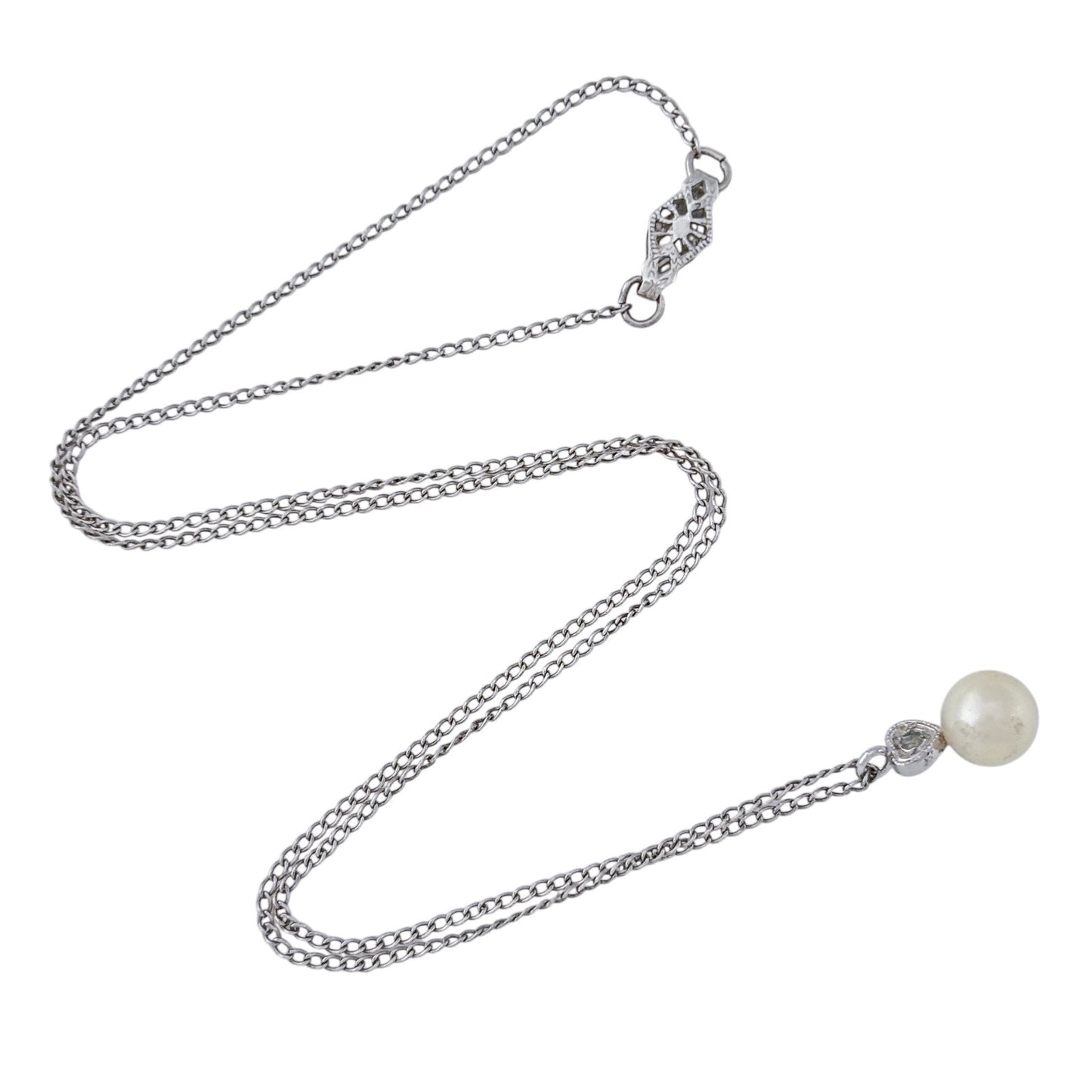 Vintage Sterling Silver 925 Diamond Pearl Drop Pendant Necklace 15"