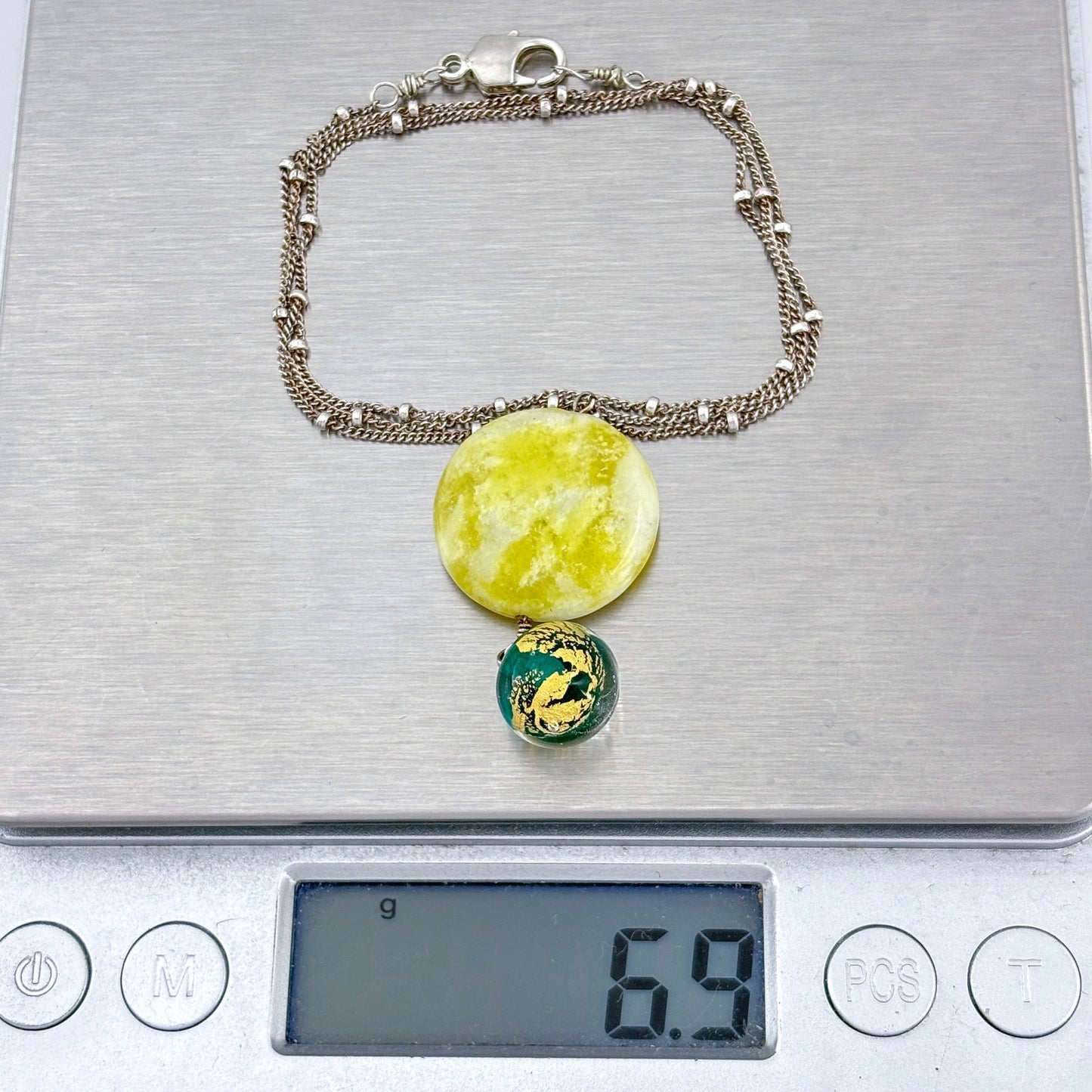 Vintage Sterling Silver 925 Yellow Glass Green Marble Pendant Necklace 17.5"