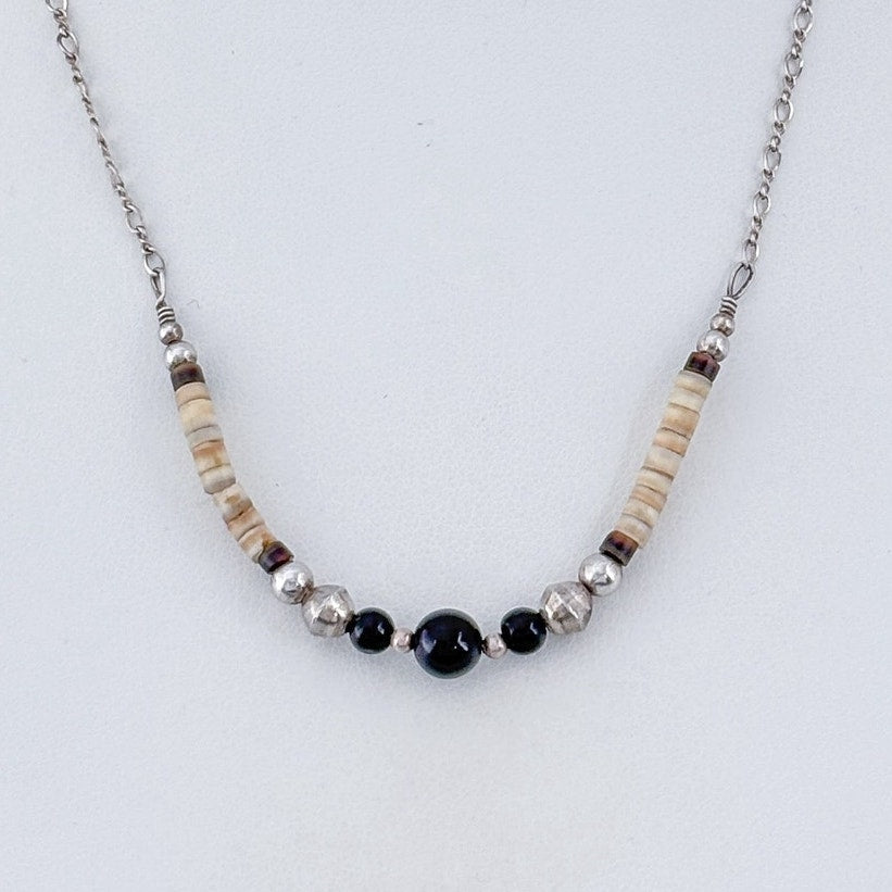 Vintage Sterling Silver 925 Onyx Shell Beaded Heishi Necklace 15.5"