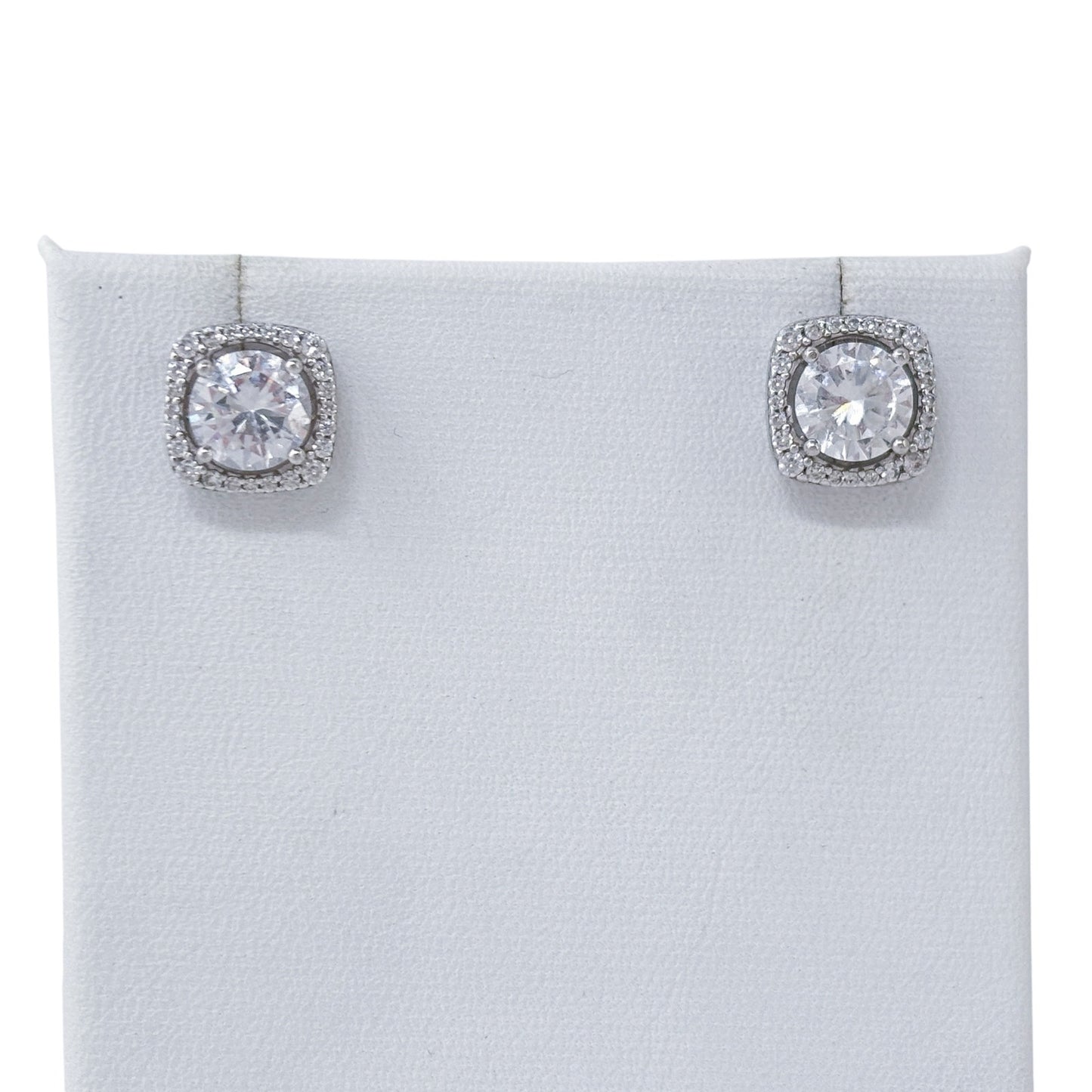 Vintage Sterling Silver 925 Cubic Zirconia Square Halo Stud Earrings