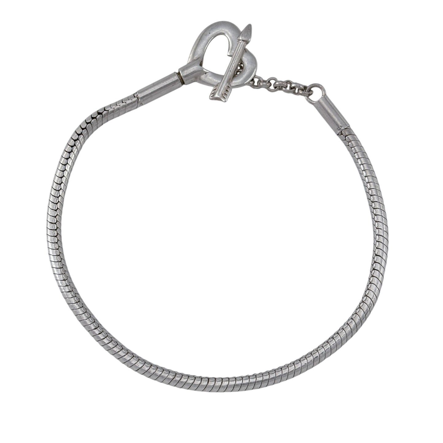 Vintage Sterling Silver 925 Snake Chain Heart Toggle Bracelet 7"
