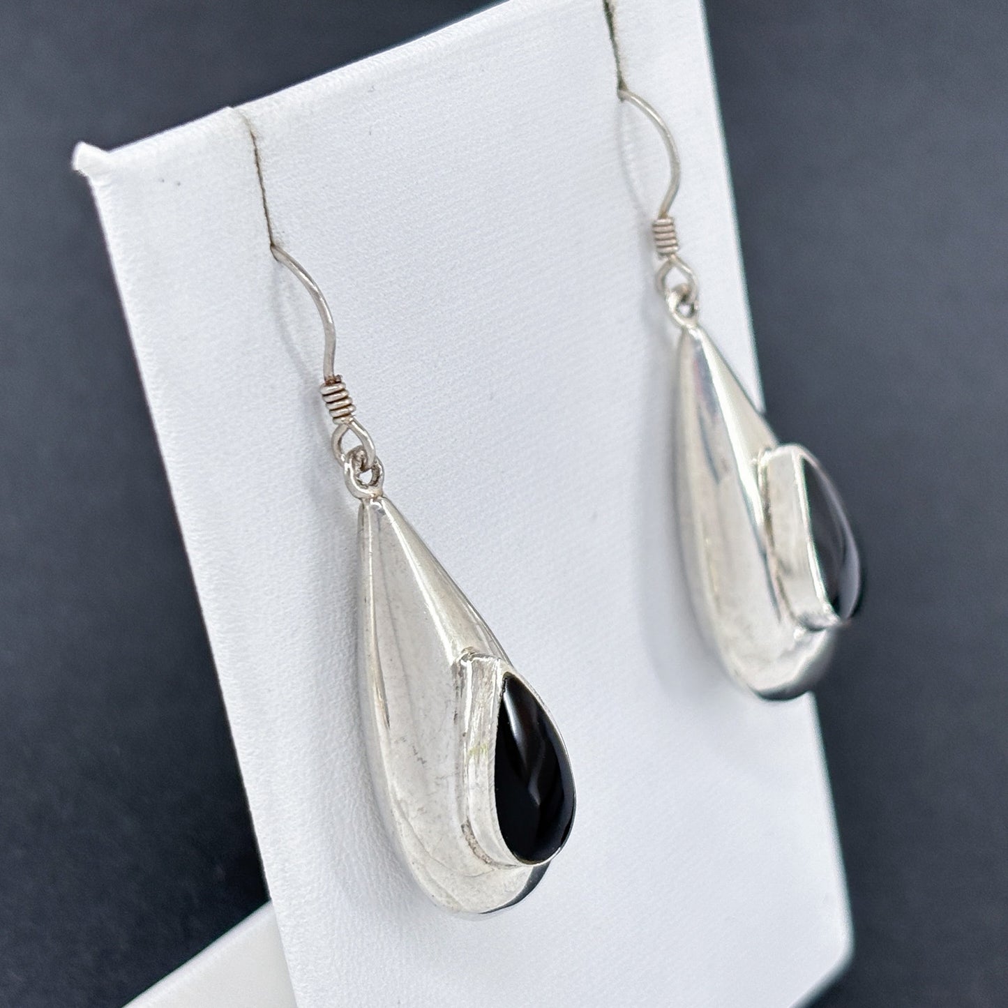 Estate Sterling Silver 925 Black Onyx Teardrop Earrings