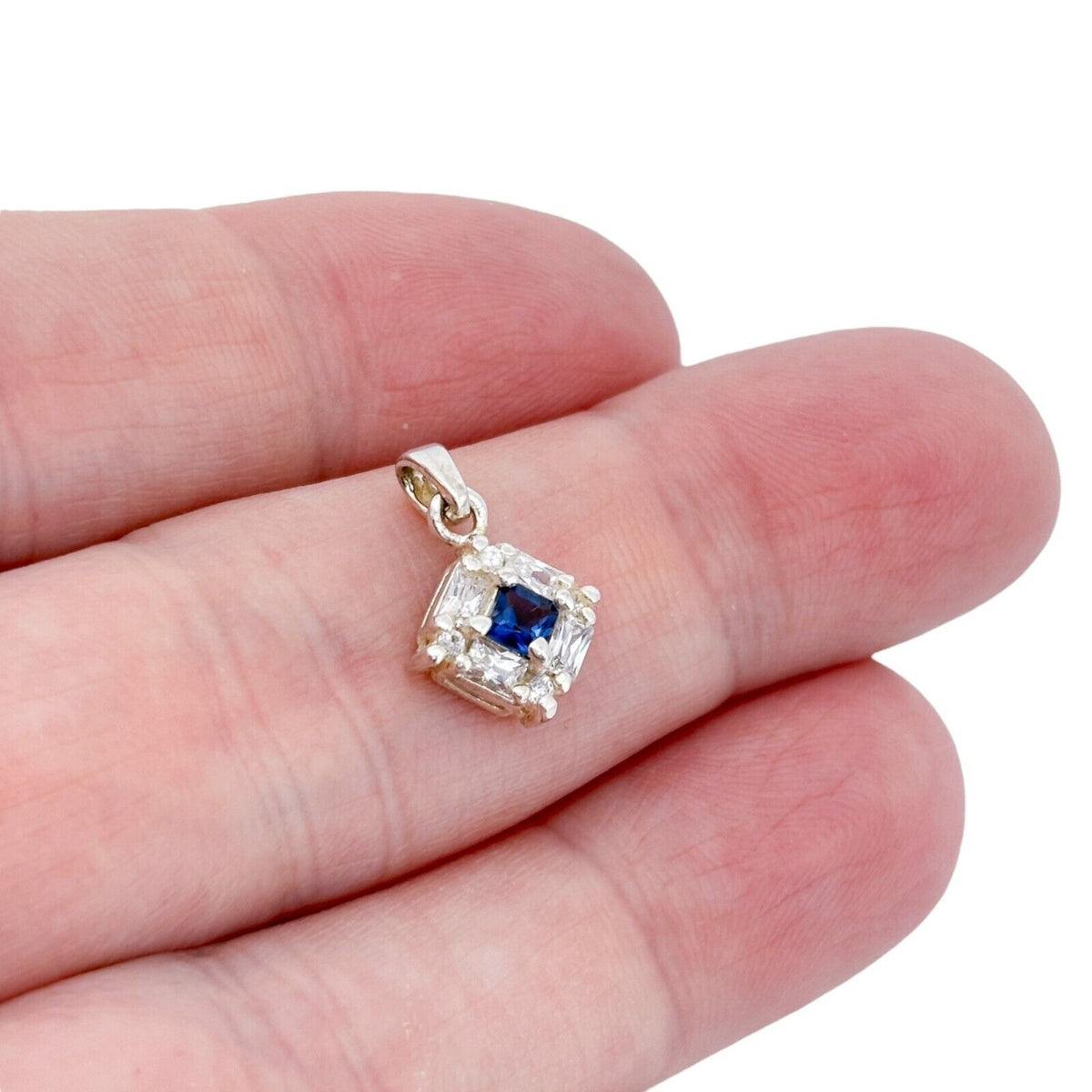 Vintage Sterling Silver 925 Square Blue Cubic Zirconia Pendant