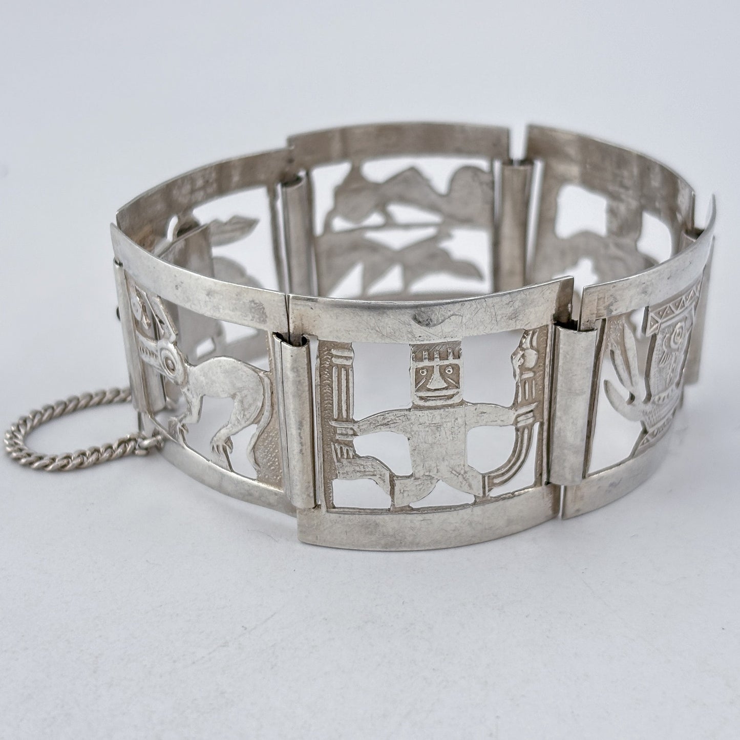 Vintage Sterling Silver 925 Peruvian Storyteller Panel Link Bracelet 7"