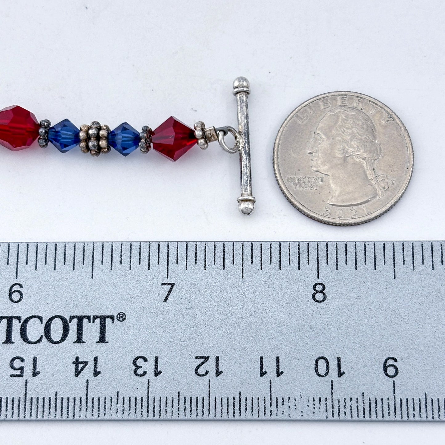 Vintage Sterling Silver 925 Patriotic Crystal Flag Charm Bracelet 7.5"