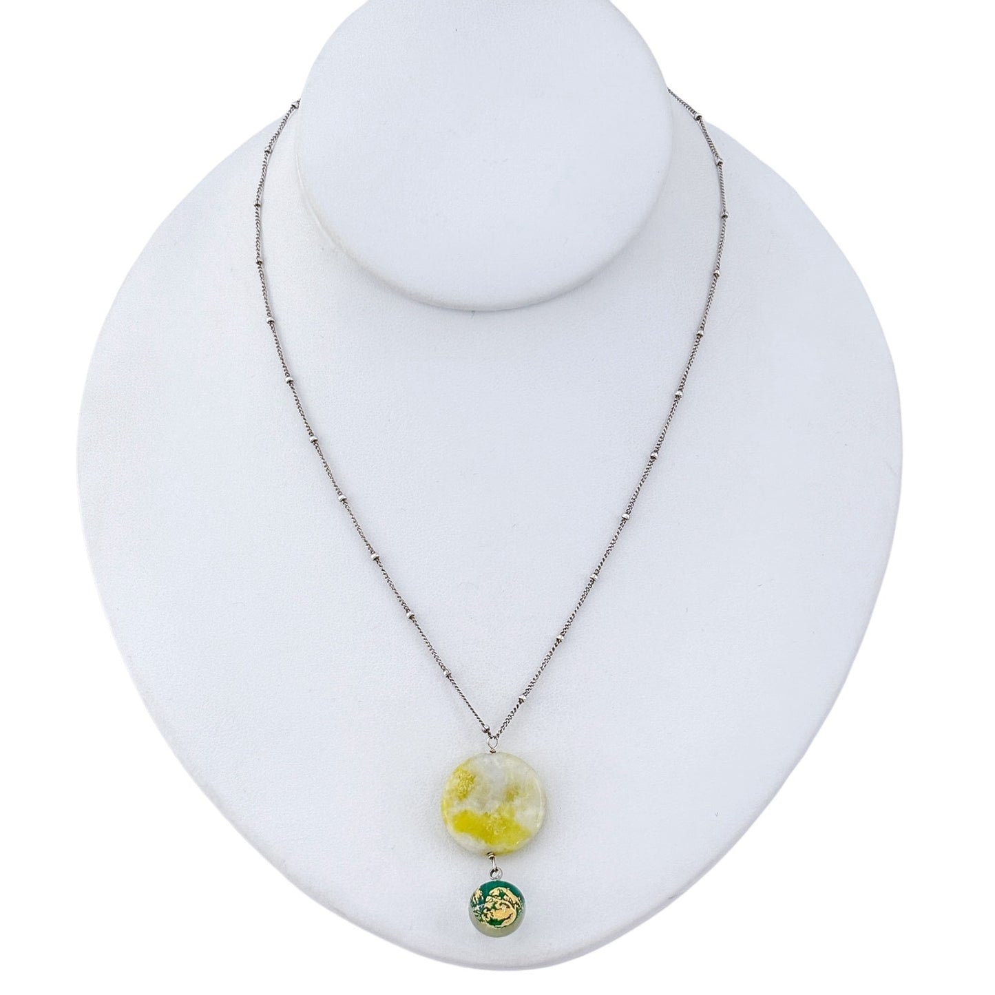 Vintage Sterling Silver 925 Yellow Glass Green Marble Pendant Necklace 17.5"