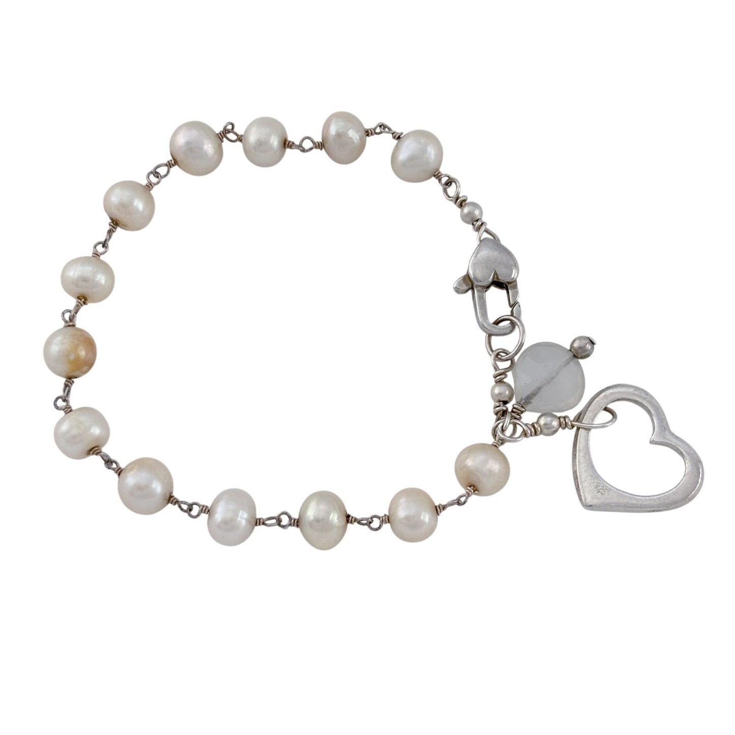 Vintage Sterling Silver 925 Pearl Heart Bracelet 7"