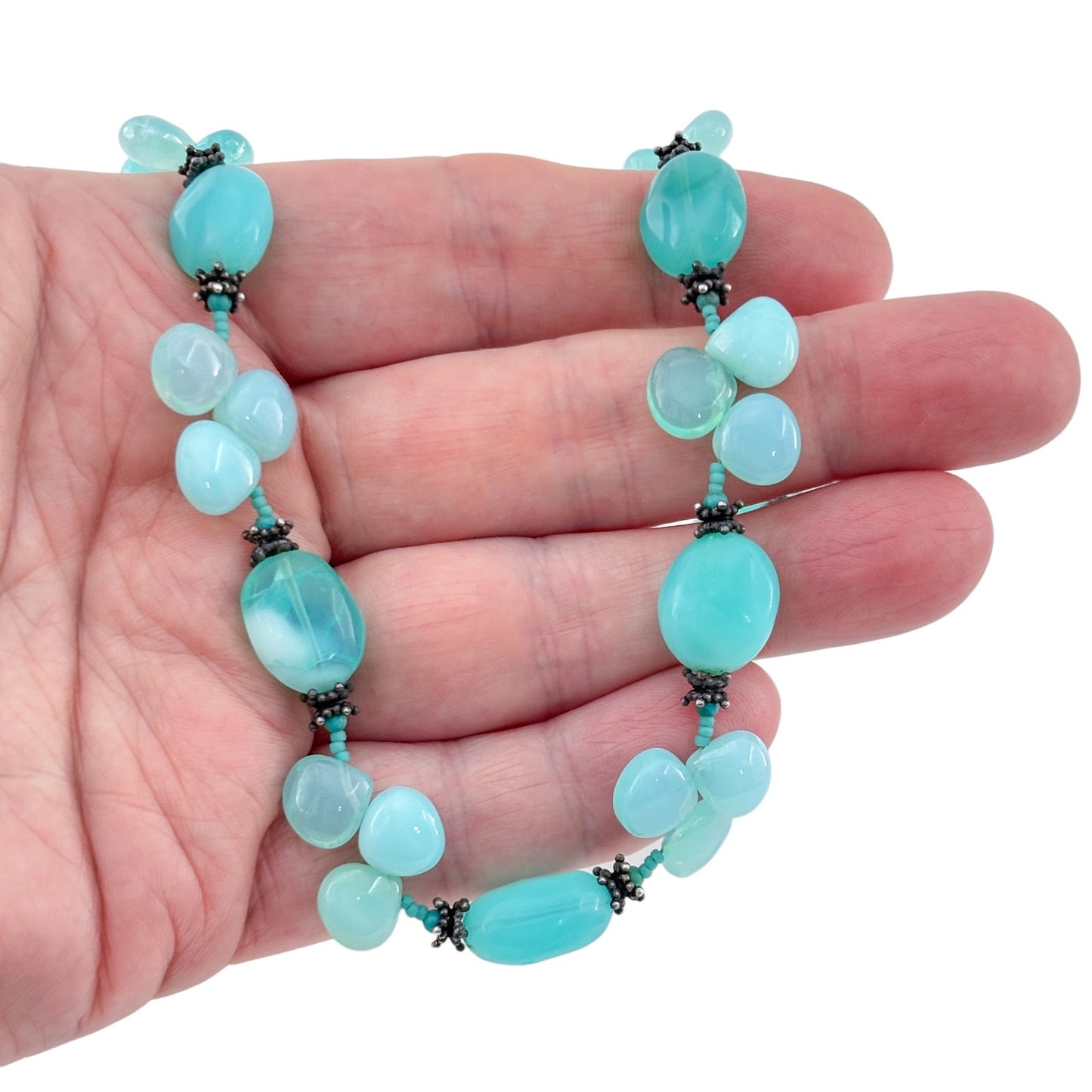 Vintage Sterling Silver 925 Chalcedony Bead Necklace 20-22"