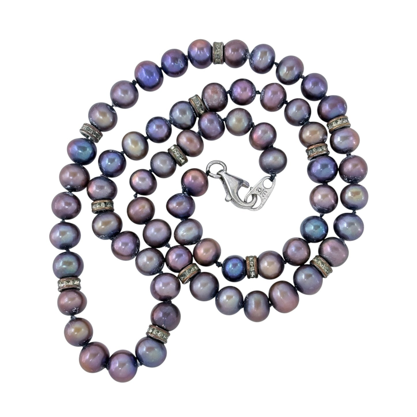 Vintage Sterling Silver 925 Handknotted Pearl Crystal Spacer Necklace 18"
