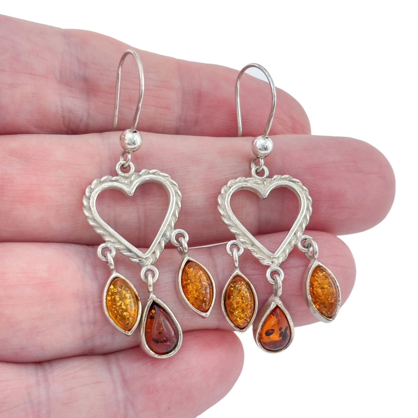 Vintage Sterling Silver 925 Amber Drop Heart Dangle Earrings