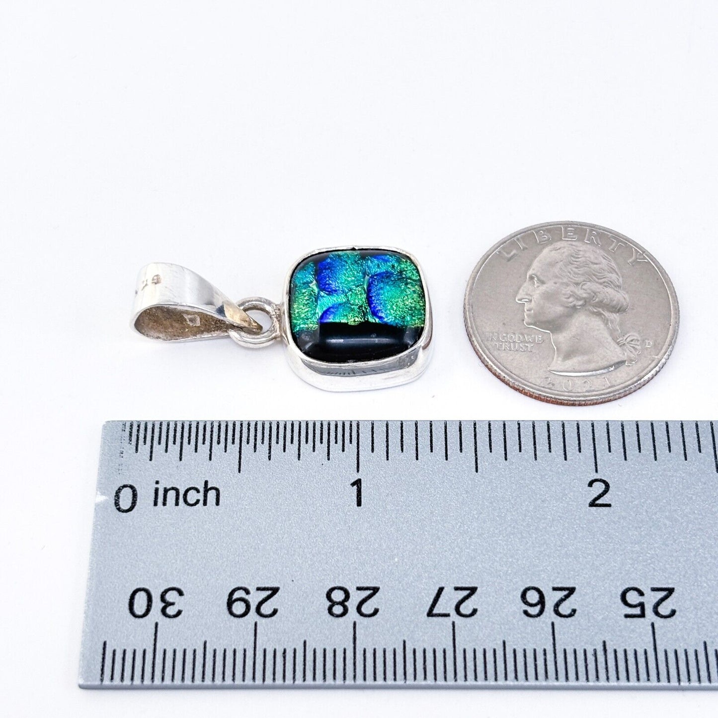Vintage Artisan Sterling Silver 925 Blue Green Dichroic Glass Pendant