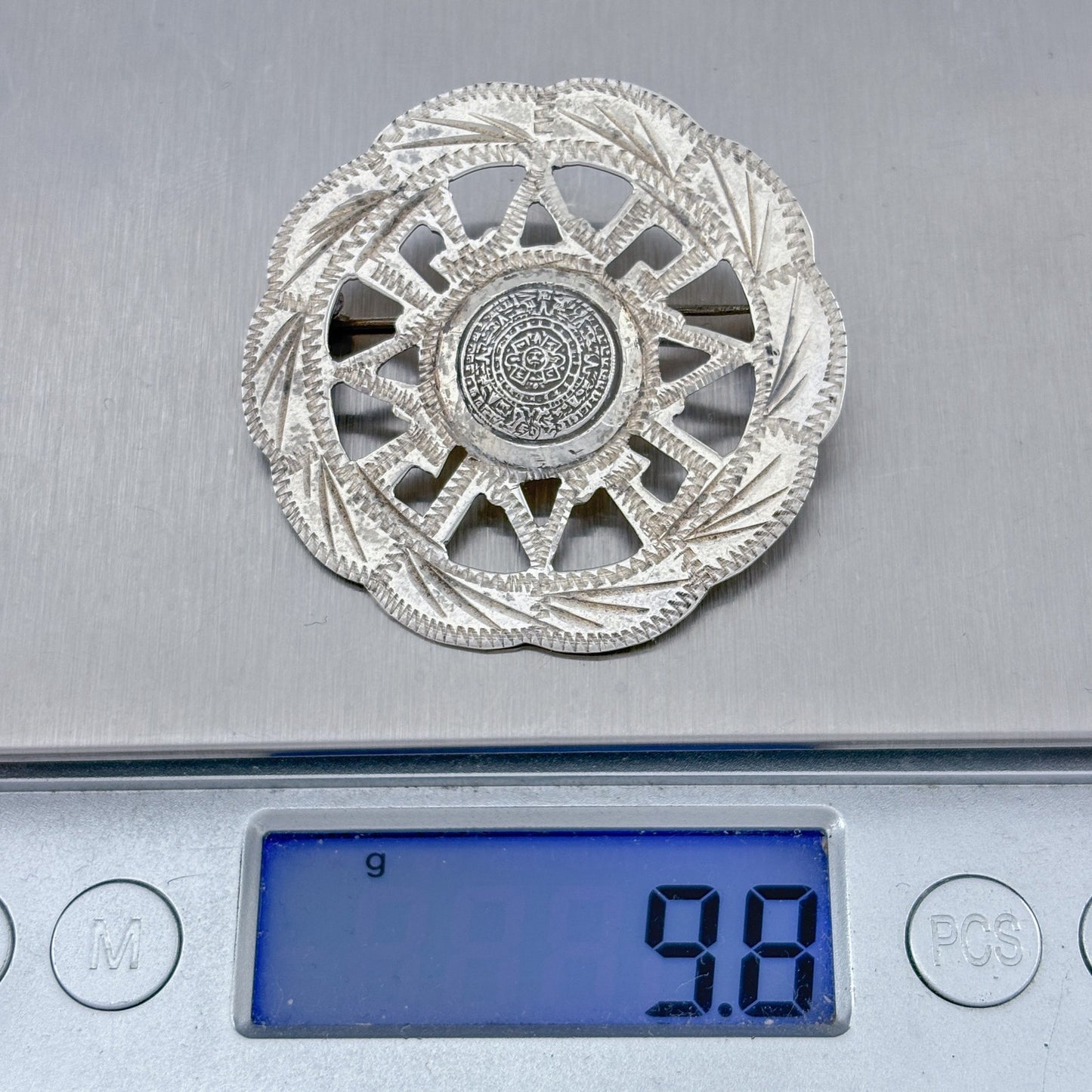 Vintage Mexico Taxco Sterling Silver 925 Aztec Calendar Pendant Brooch