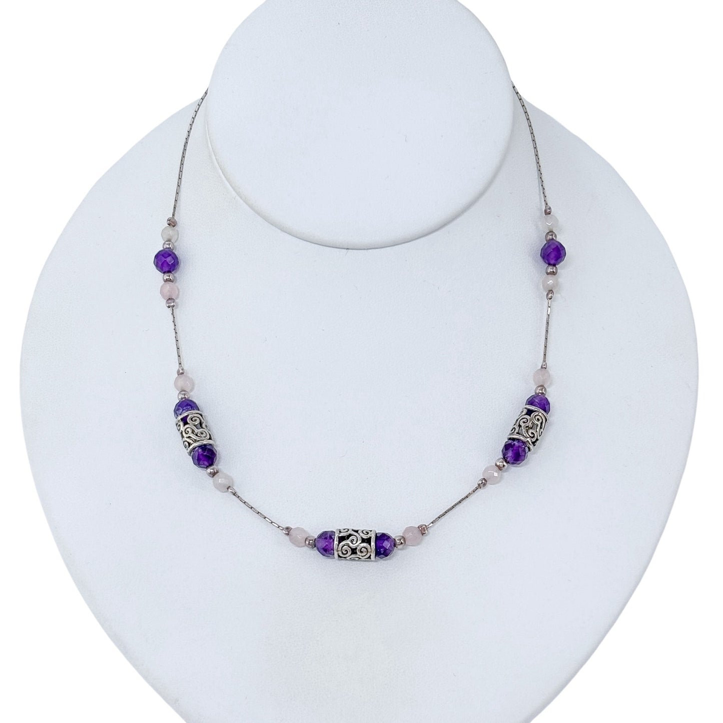 Vintage Sterling Silver 925 Amethyst Rose Quartz Necklace 16"