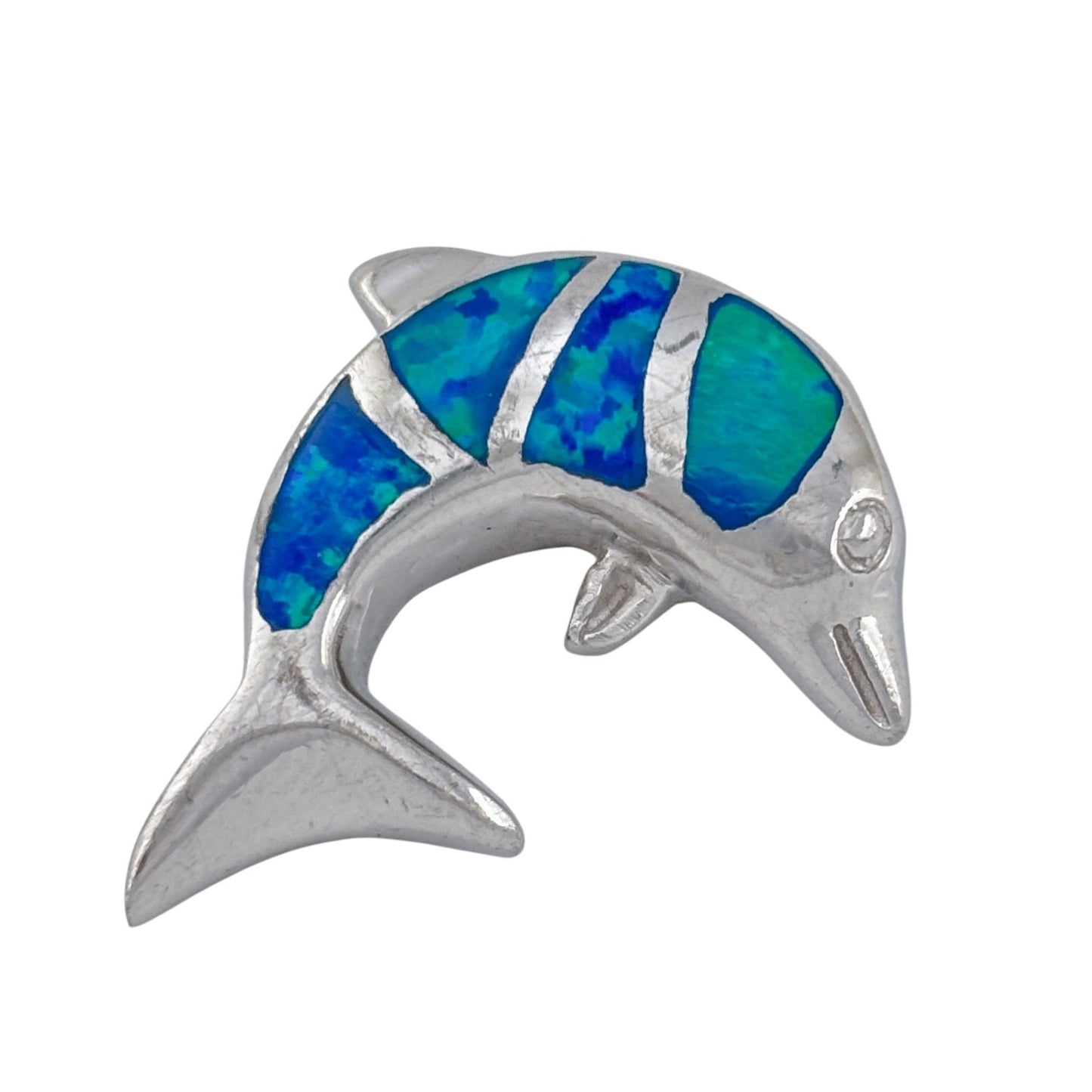 Vintage Sterling Silver 925 Blue Opal Inlay Dolphin Pendant