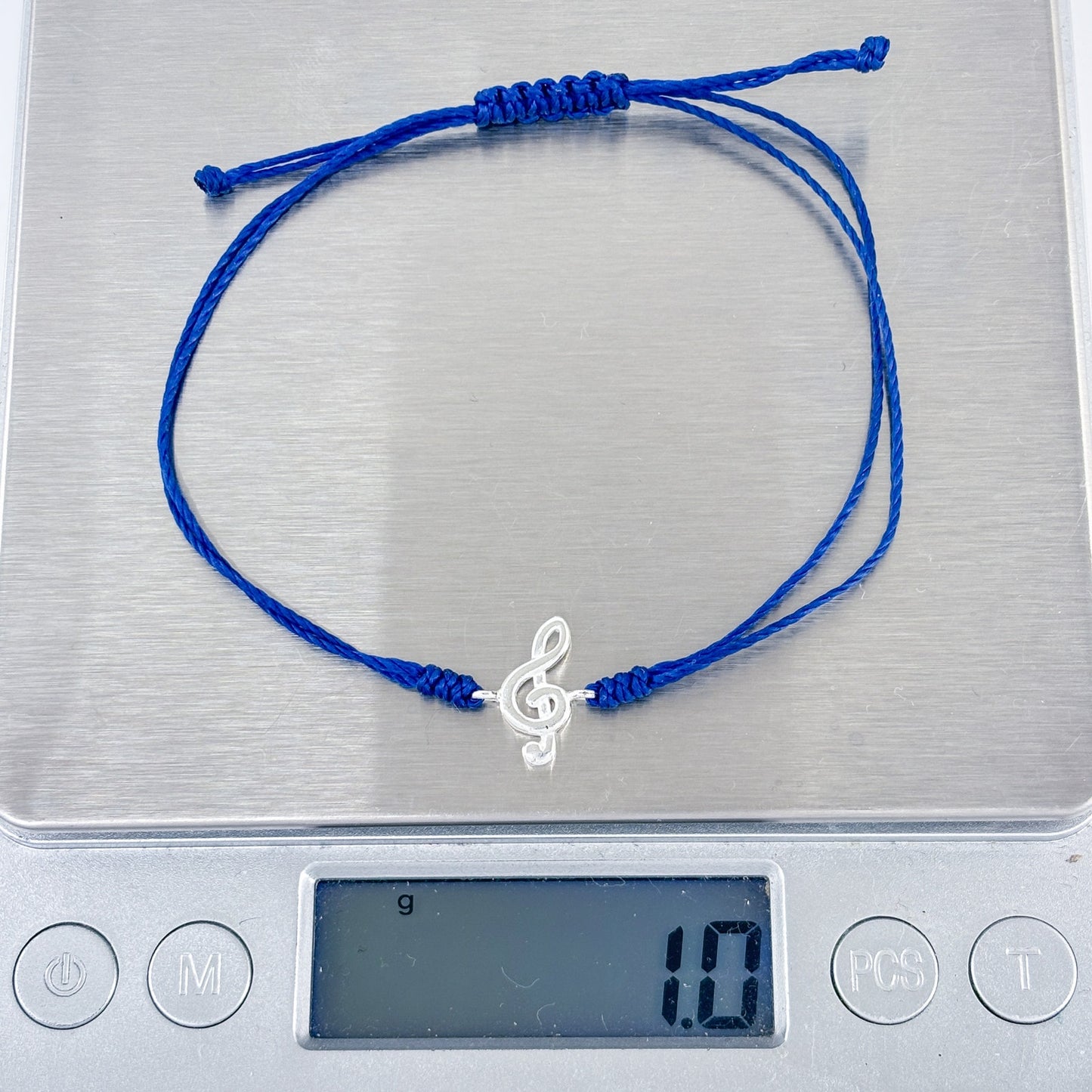 Adjustable Blue Cord Sterling Silver 925 Treble Clef Bracelet