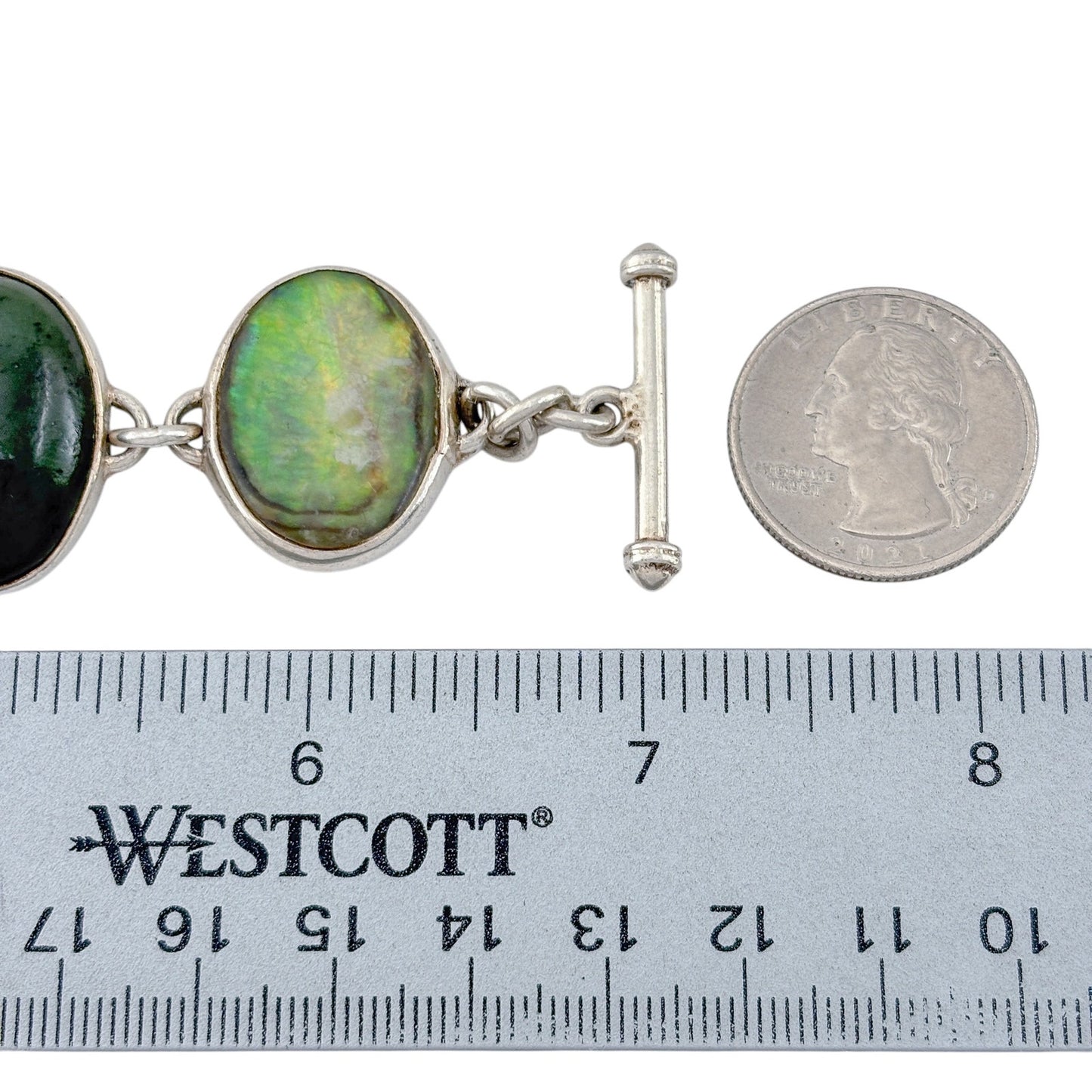 Vintage Sterling Silver 925 Abalone and Nephrite Link Bracelet 6-7"