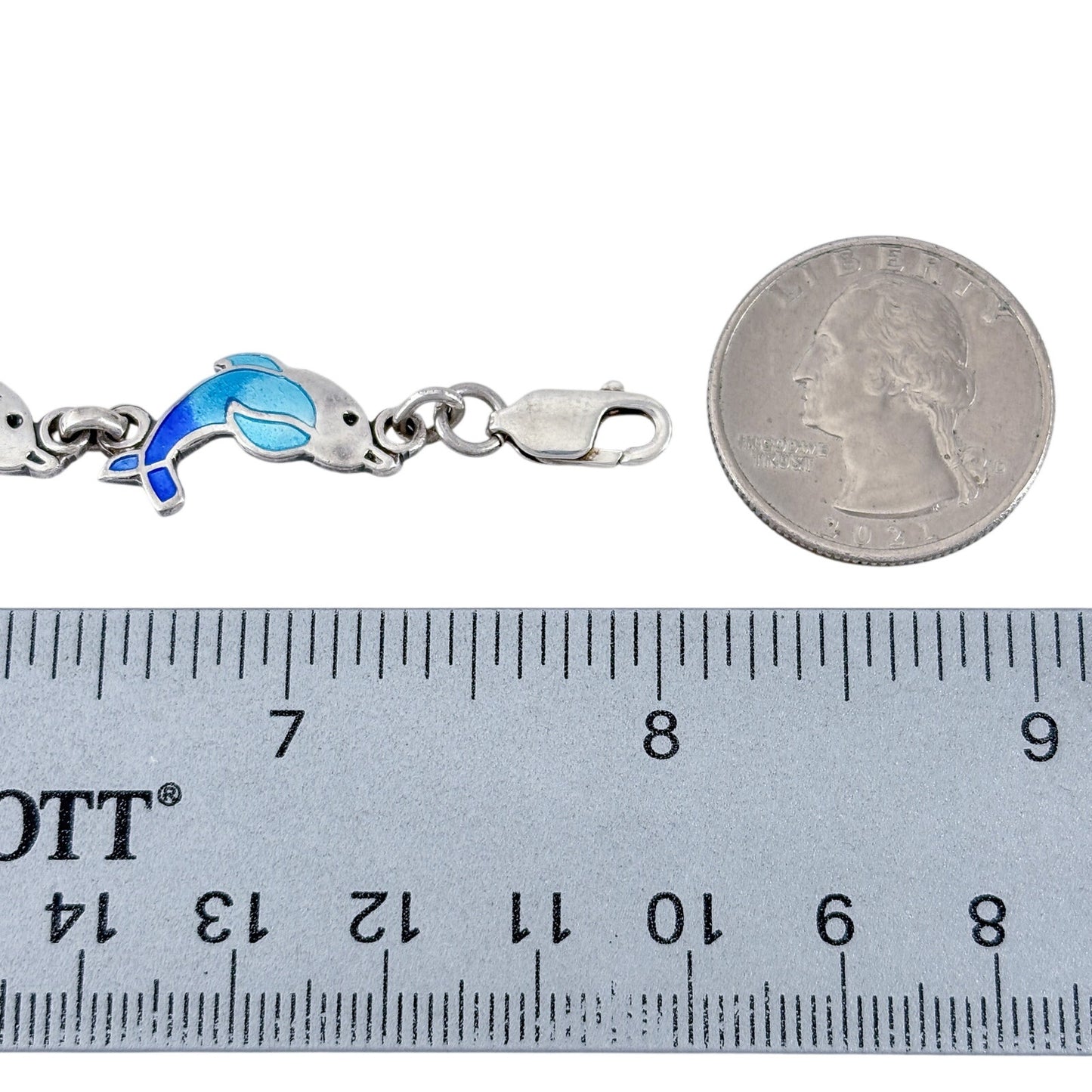 Vintage Sterling Silver 925 Blue Enamel Dolphin Bracelet 8"