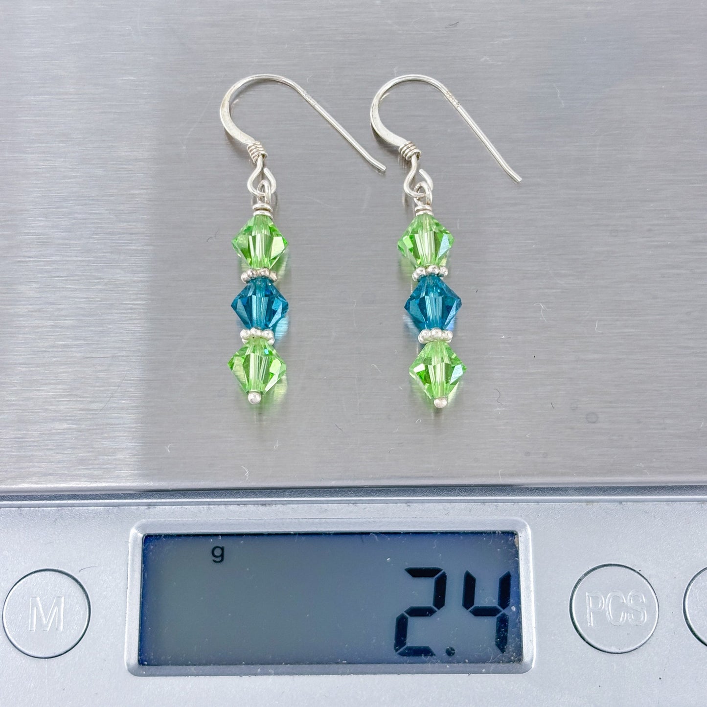 Estate Sterling Silver 925 Green Blue Crystal Dangle Earrings