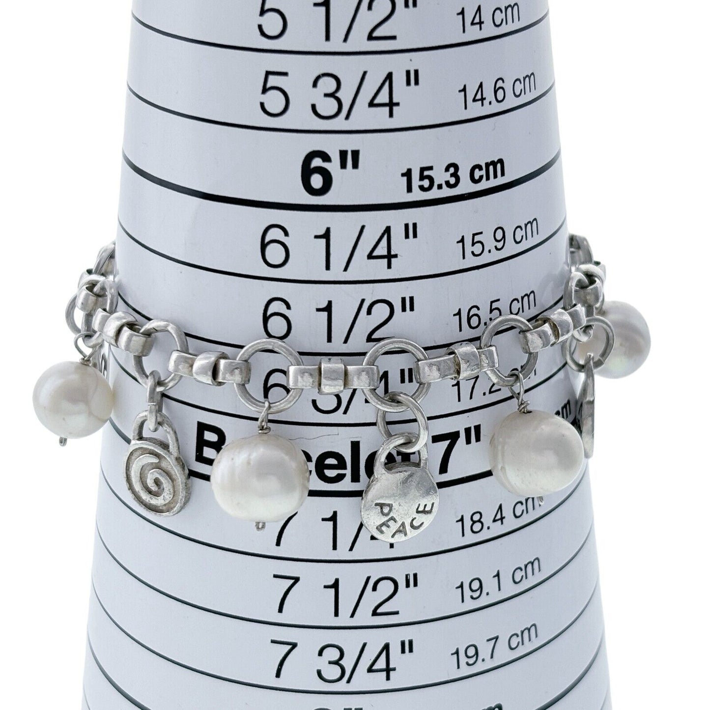 Vintage Sterling Silver 925 Pearls and Spiral Inspirational Charm Bracelet 7.25"