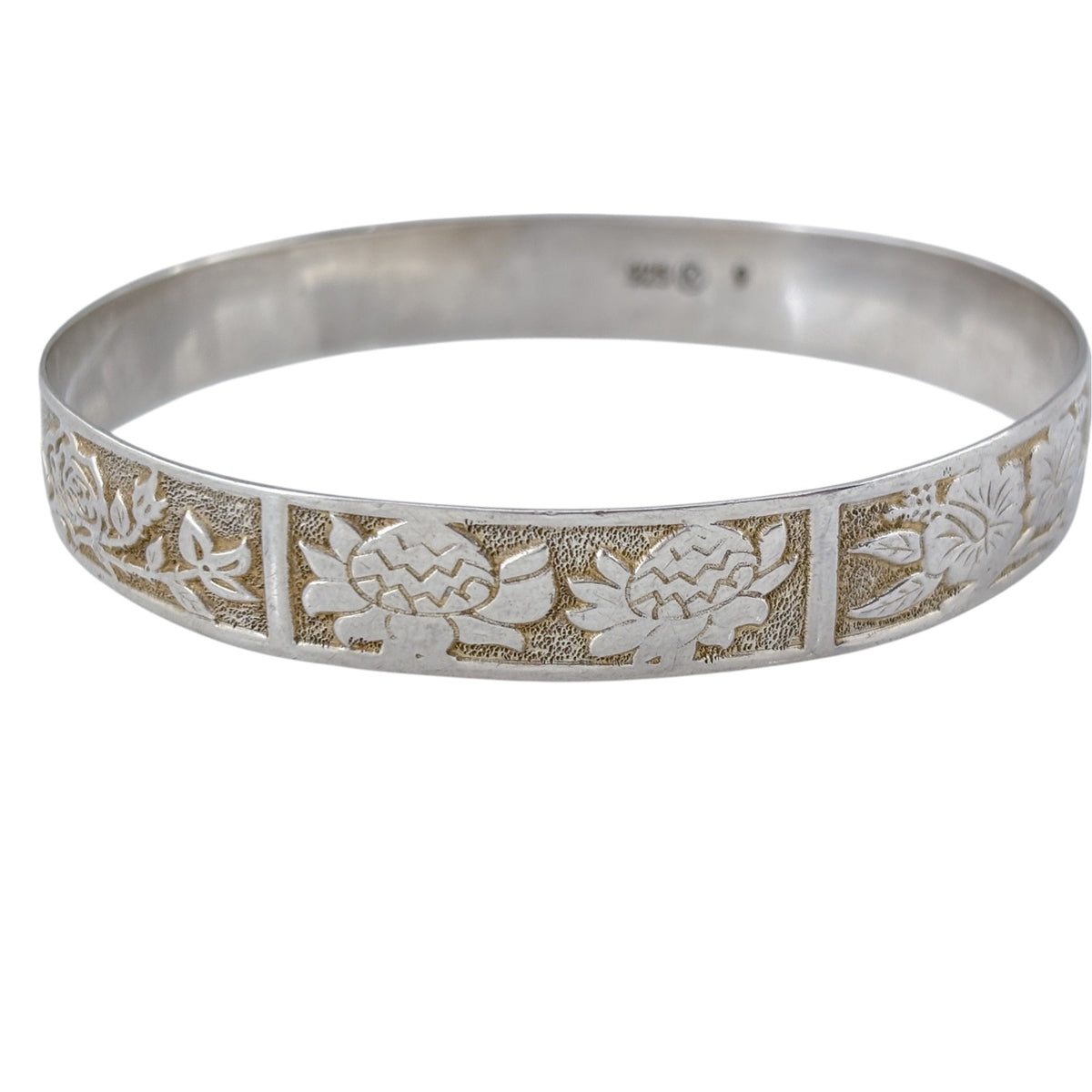 Vintage Sterling Silver 925 Floral Bangle Bracelet 9"