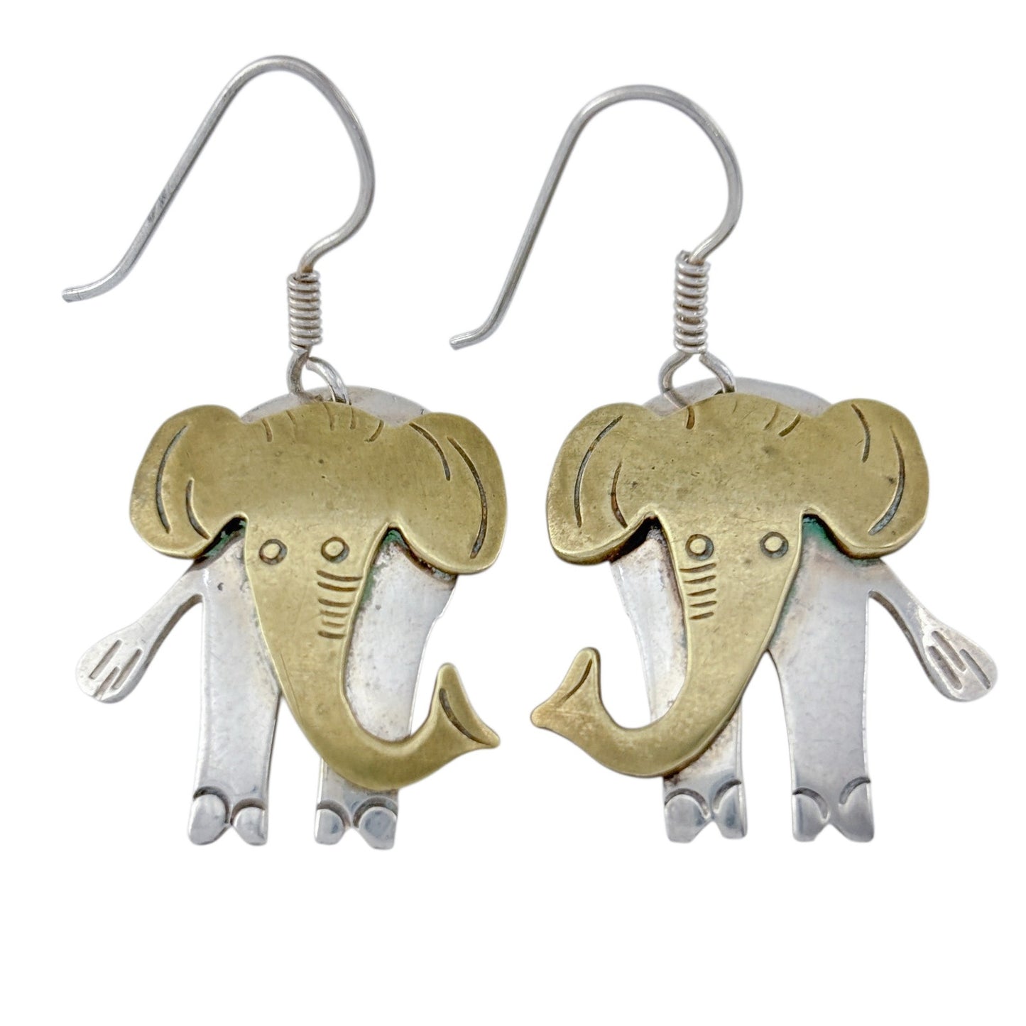 Vintage Mexico Taxco Sterling Silver 925 Brass Elephant Dangle Earrings