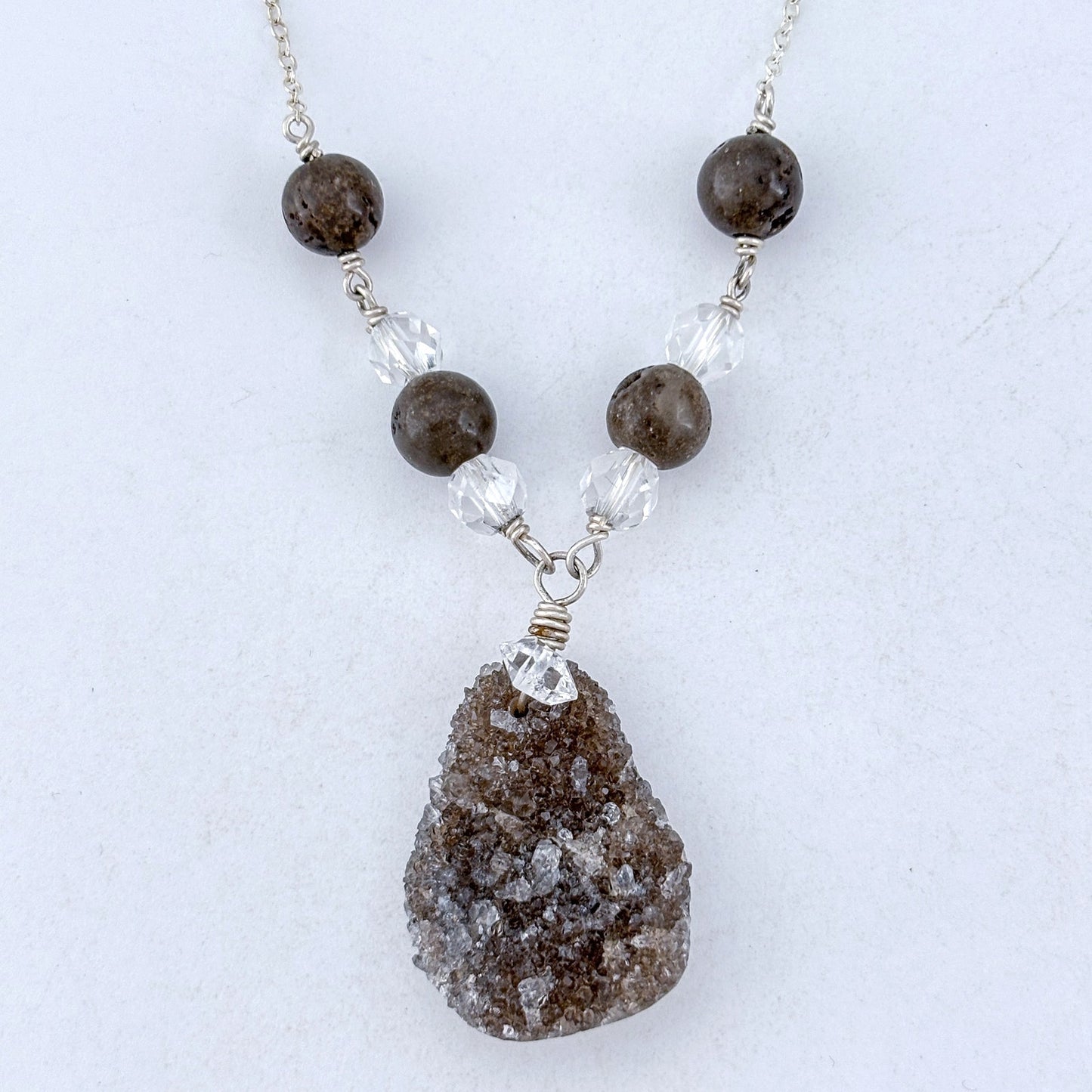 Vintage Deb Guyot Sterling Silver 925 Druzy Smoky Quartz Pendant Necklace 30"