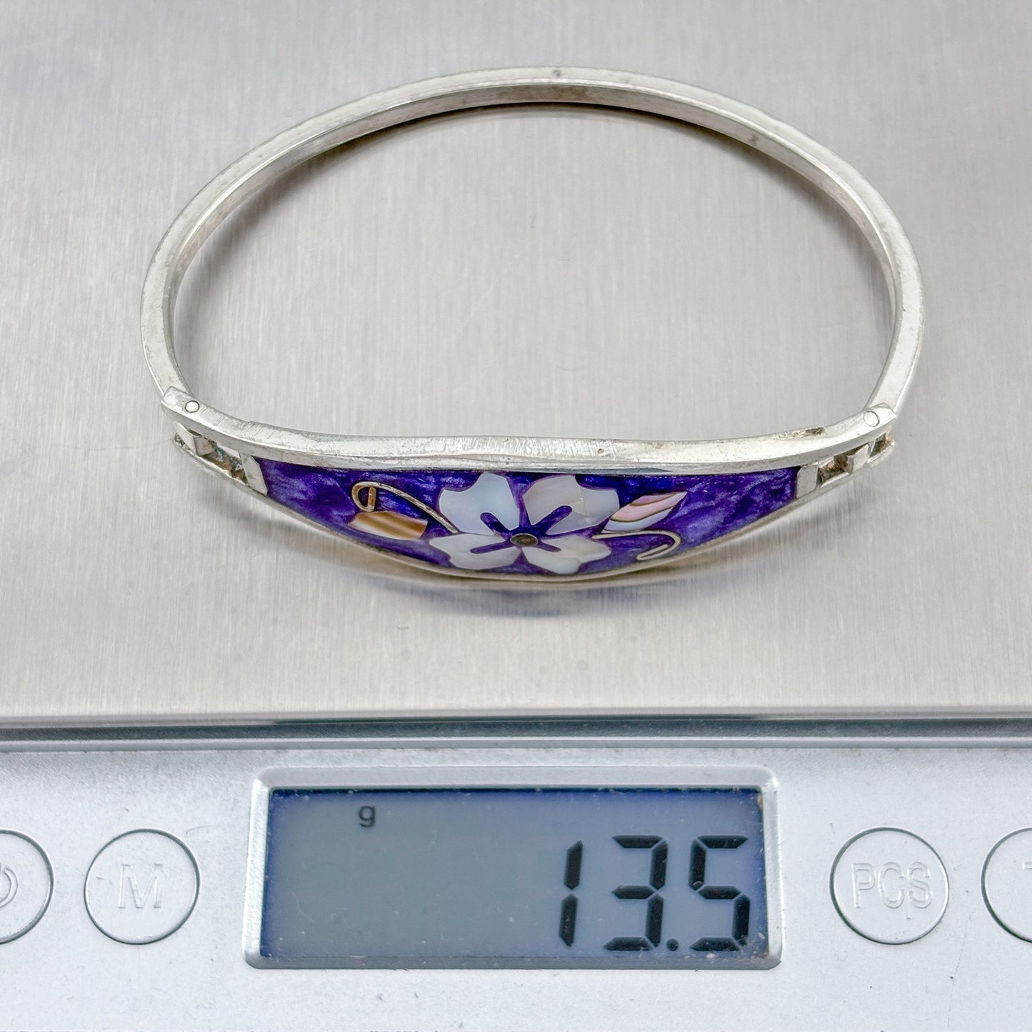 Vintage Alpaca Mexico Purple Abalone Flower Bangle Bracelet 6"