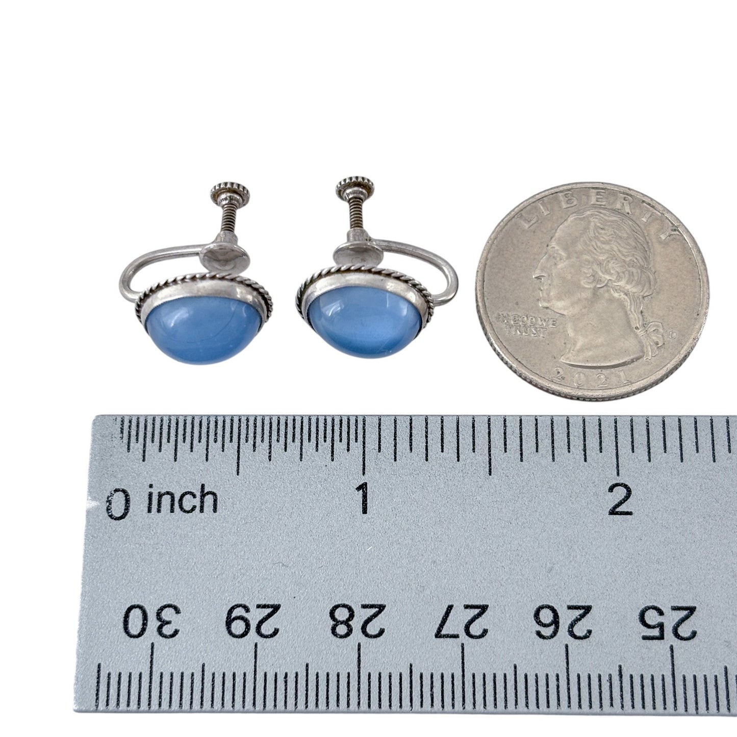 Vintage Sterling Silver 925 Blue Chalcedony Screw Back Earrings