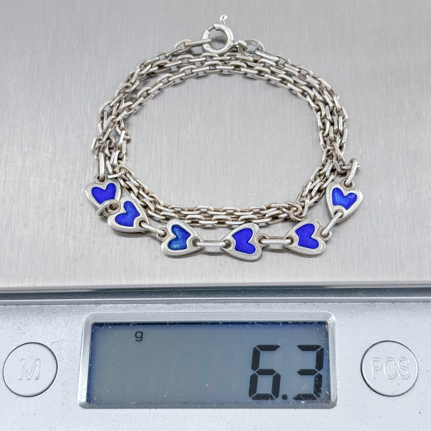 Vintage Sterling Silver Blue Enamel Heart Necklace 16"