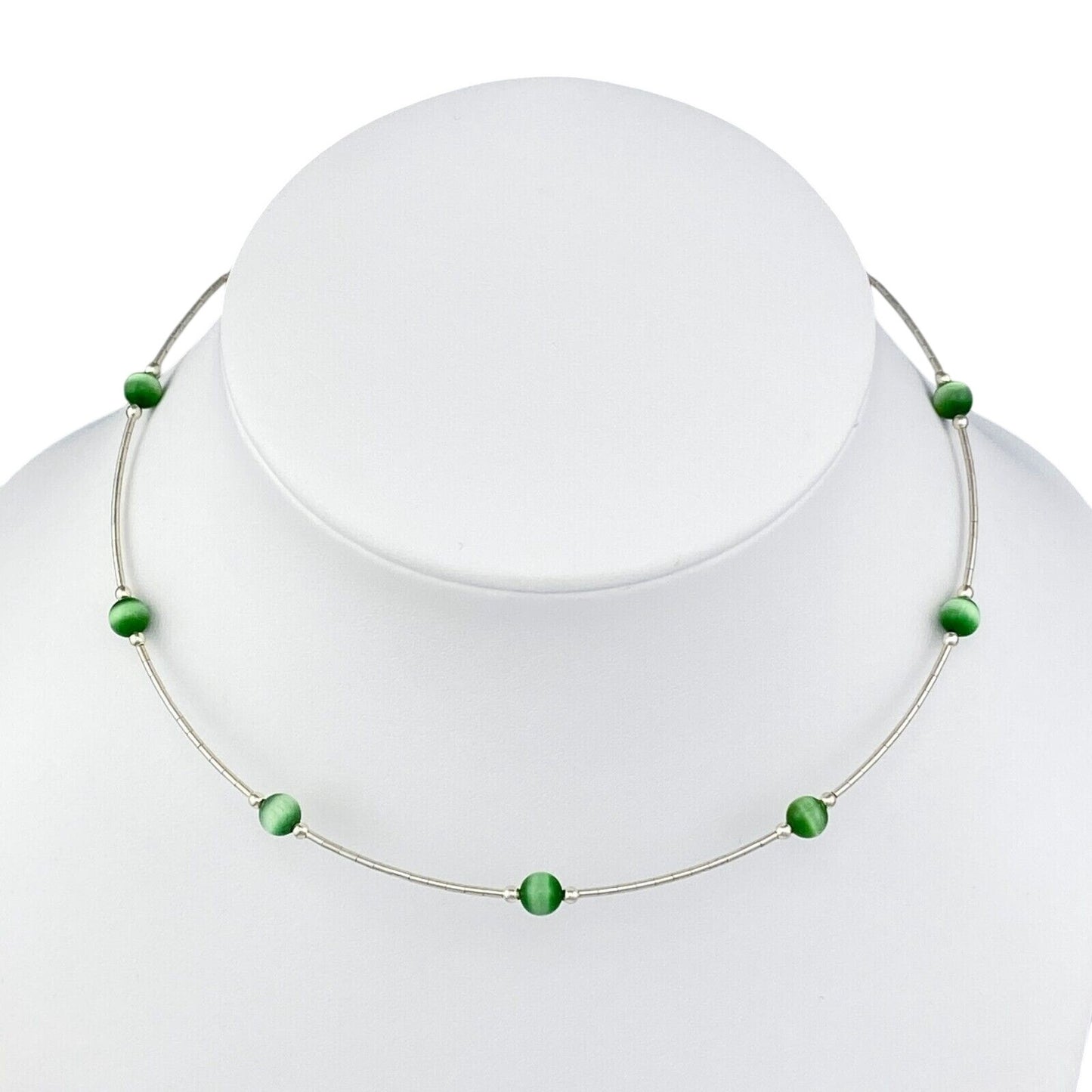 Vintage Sterling Silver 925 Green Cat’s Eye Memory Wire Necklace 16"
