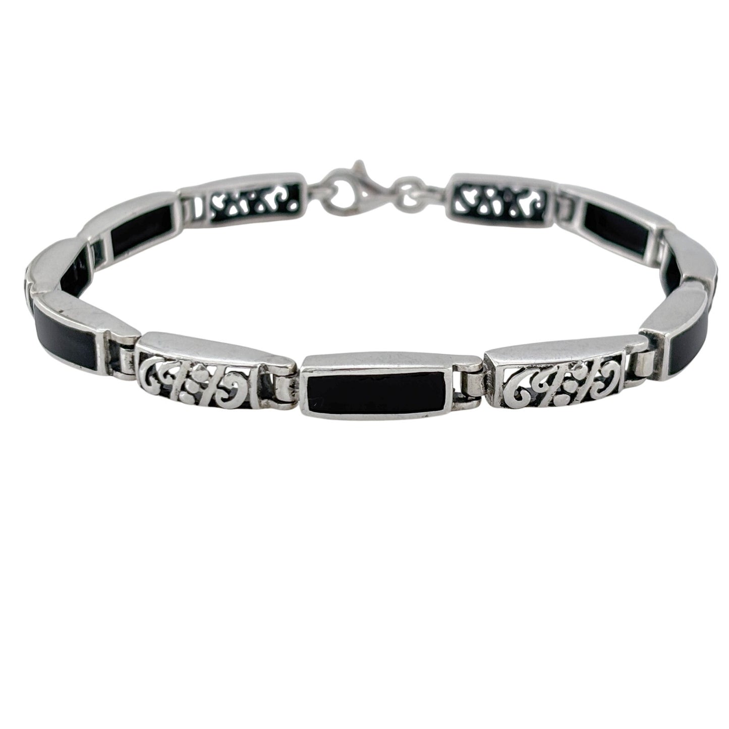 Vintage Sterling Silver 925 Black Onyx Inlay Link Bracelet 7"