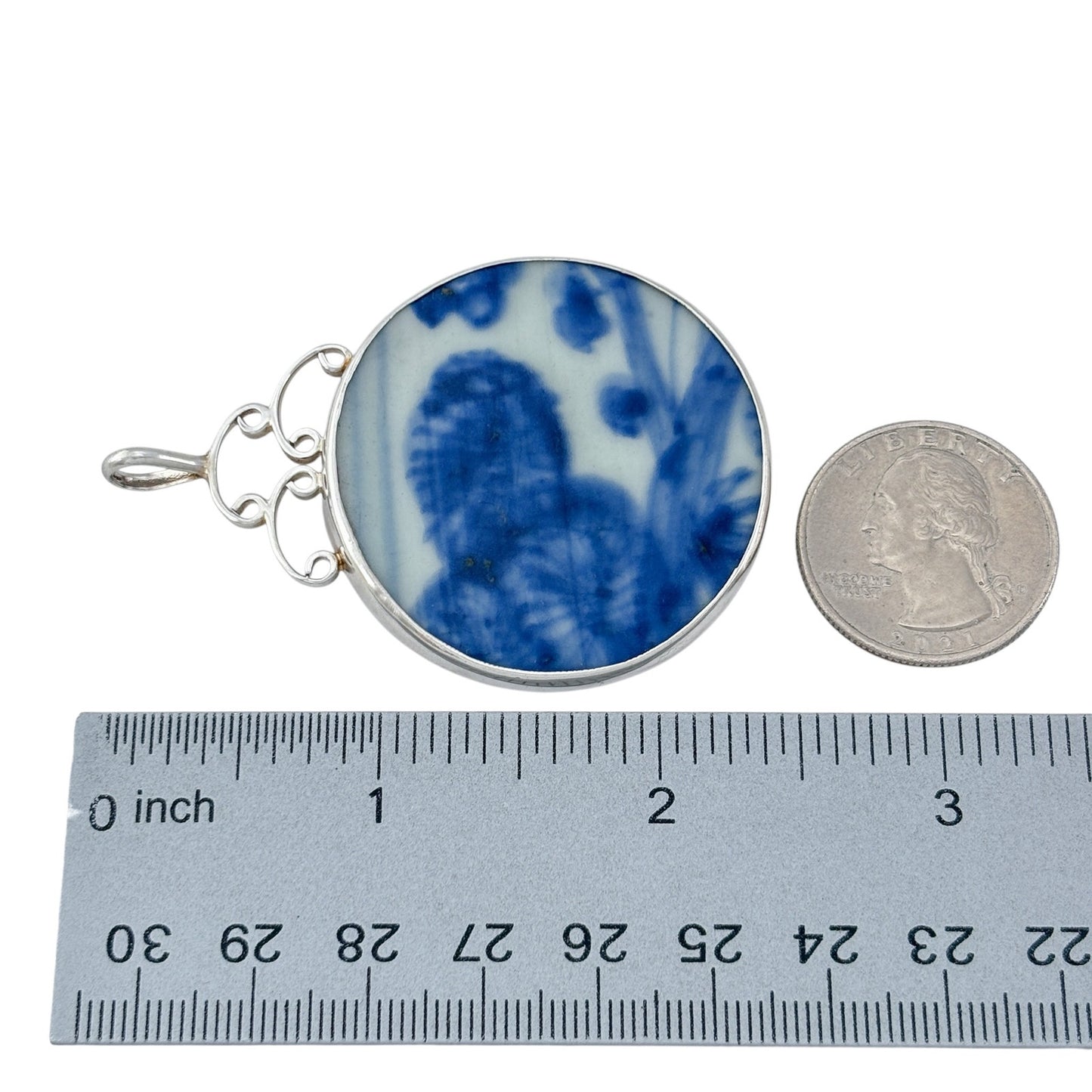 Vintage Sterling Silver 925 Blue White Porcelain Pendant