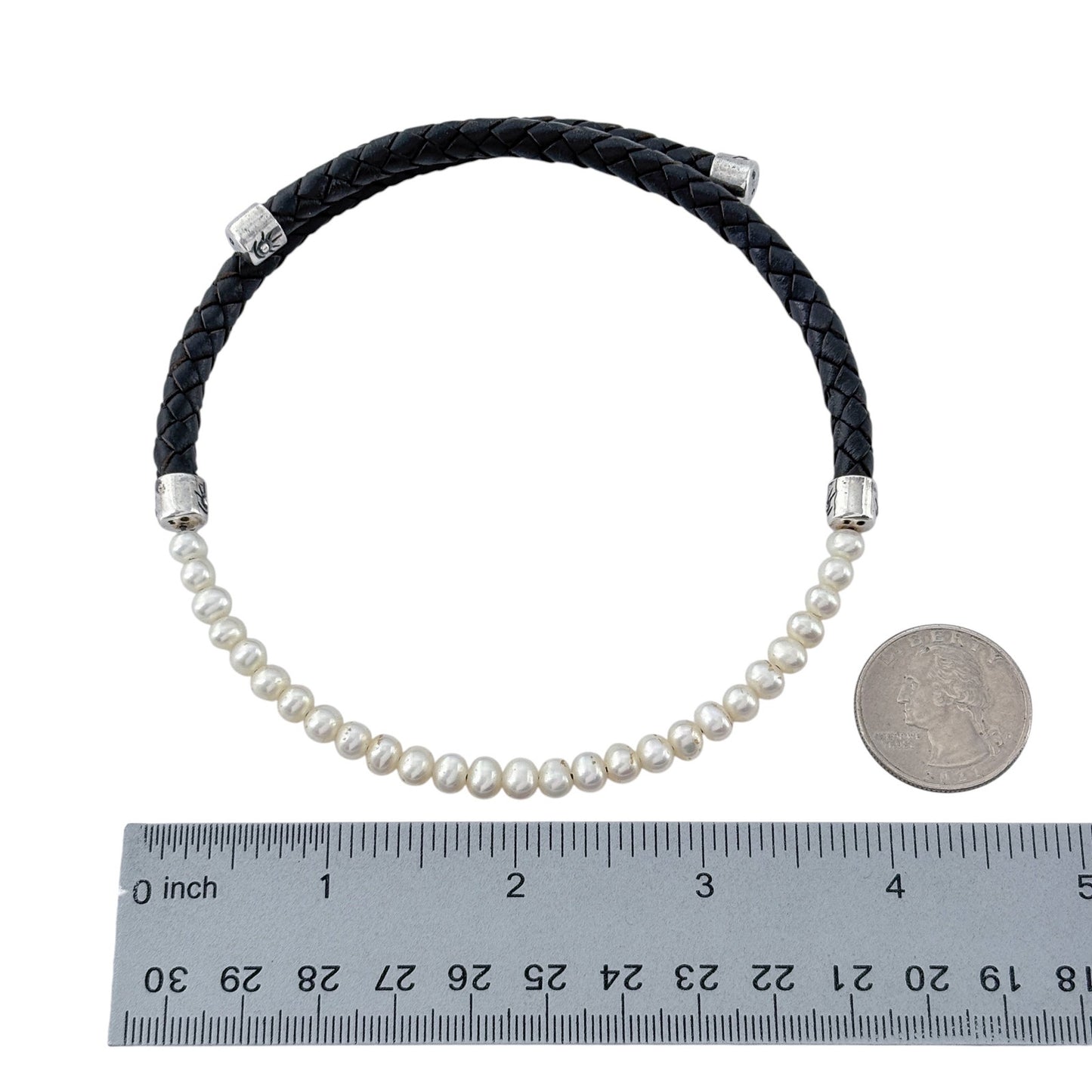 Vintage Sterling Silver 925 Black Braided Leather Pearl Necklace 16.5"