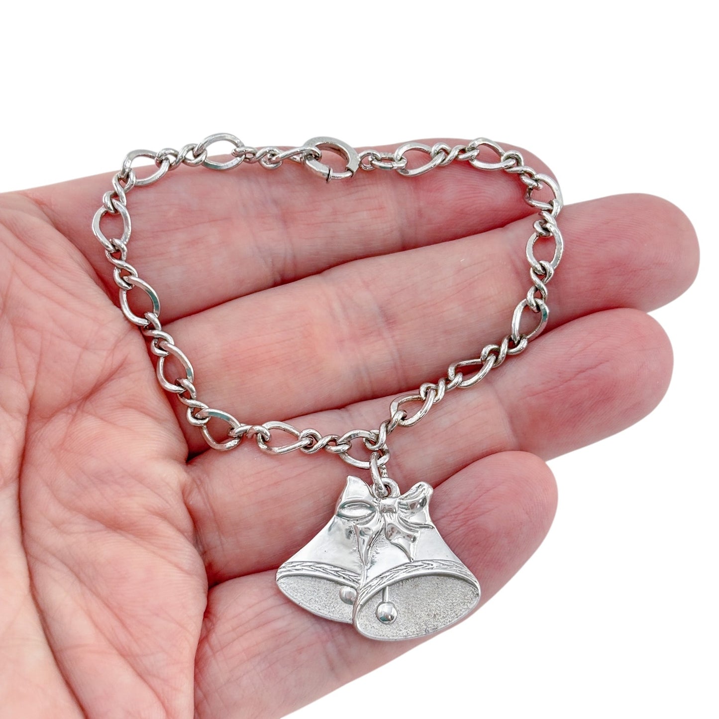 Vintage Sterling Silver 925 Double Bell Charm Bracelet 7.25"
