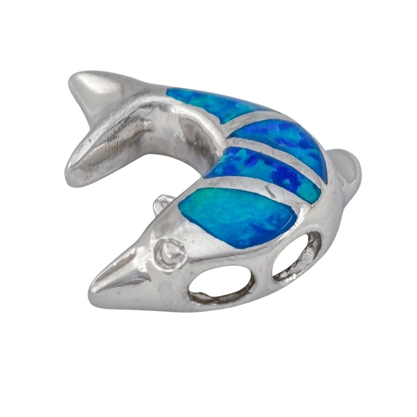 Vintage Sterling Silver 925 Blue Opal Inlay Dolphin Pendant