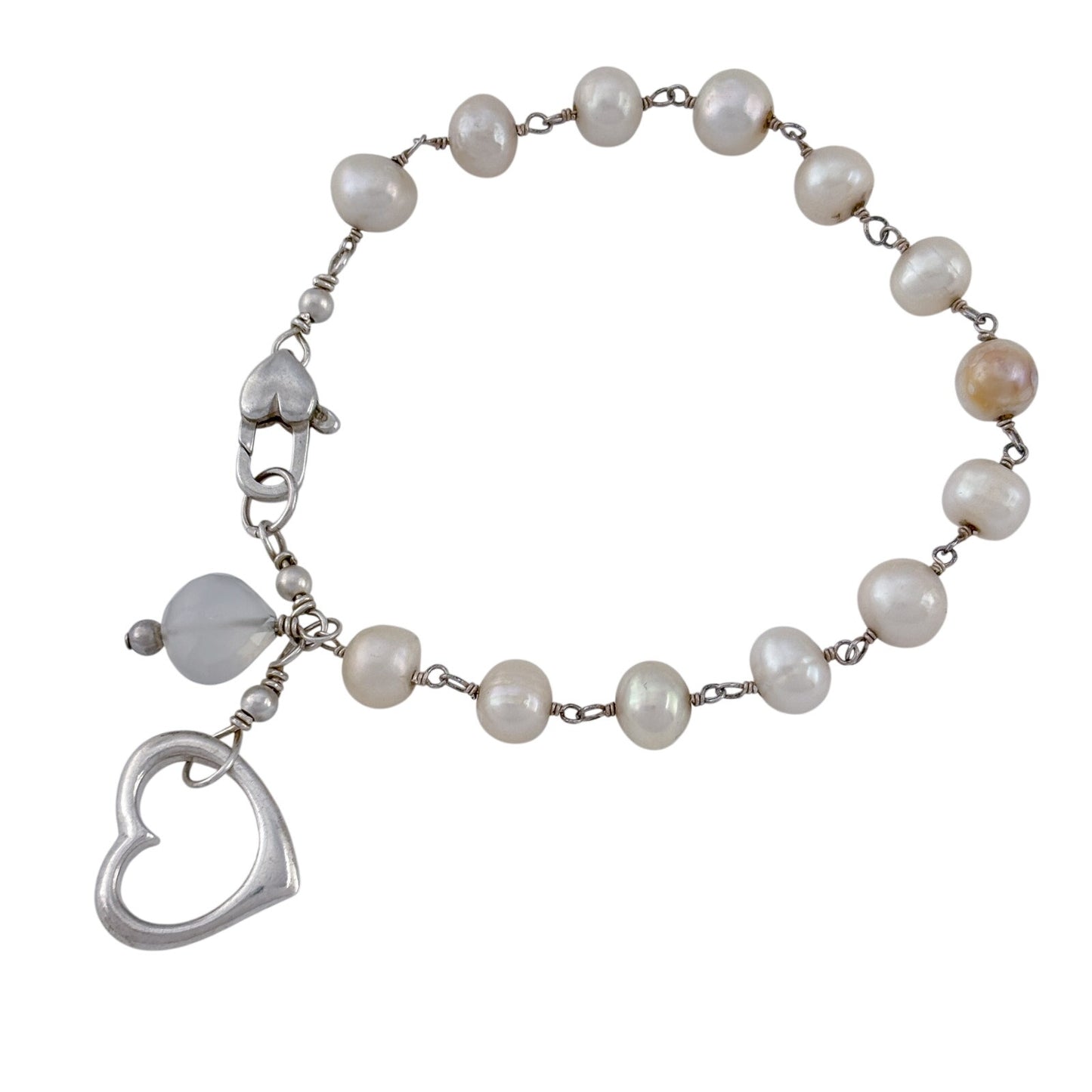 Vintage Sterling Silver 925 Pearl Heart Bracelet 7"
