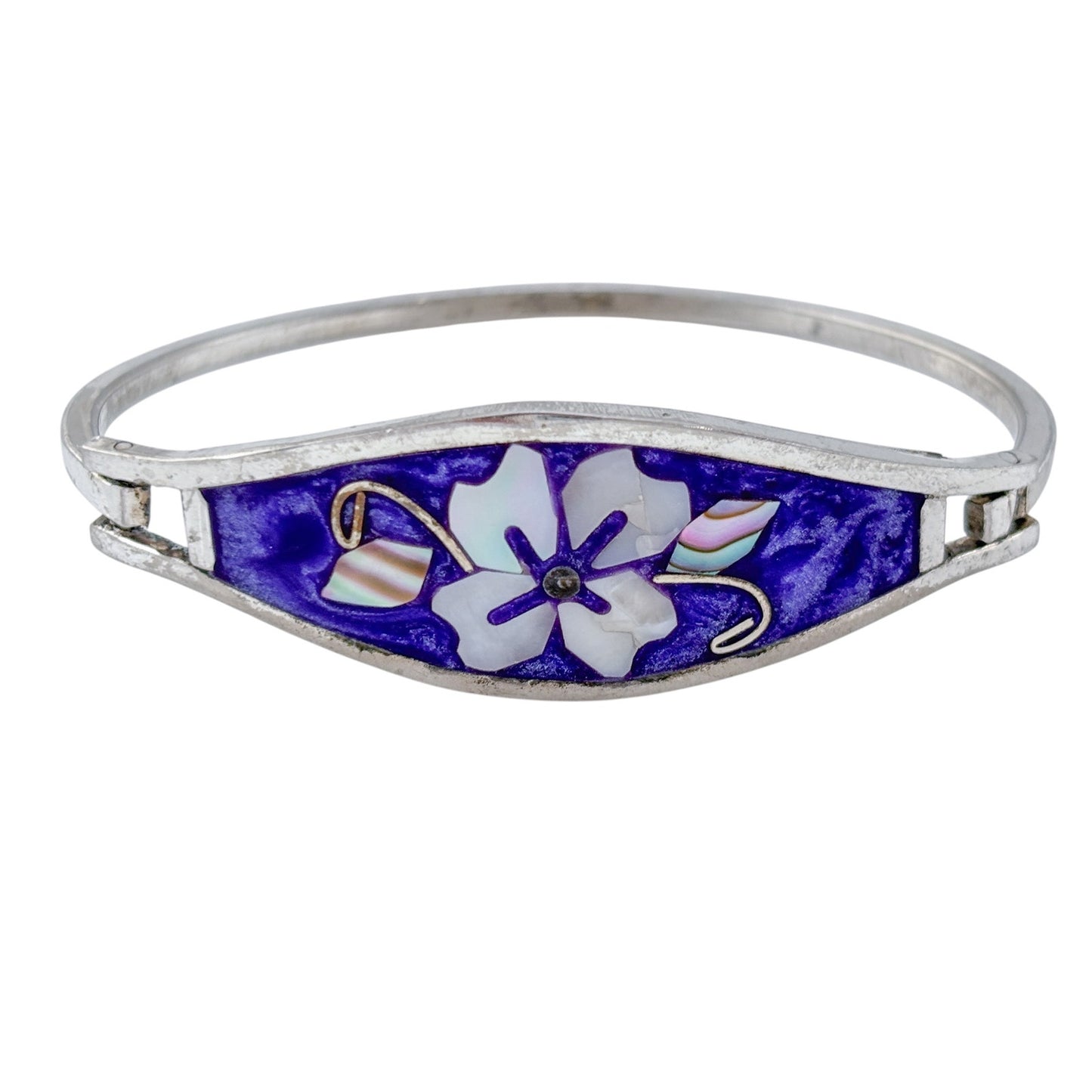 Vintage Alpaca Mexico Purple Abalone Flower Bangle Bracelet 6"
