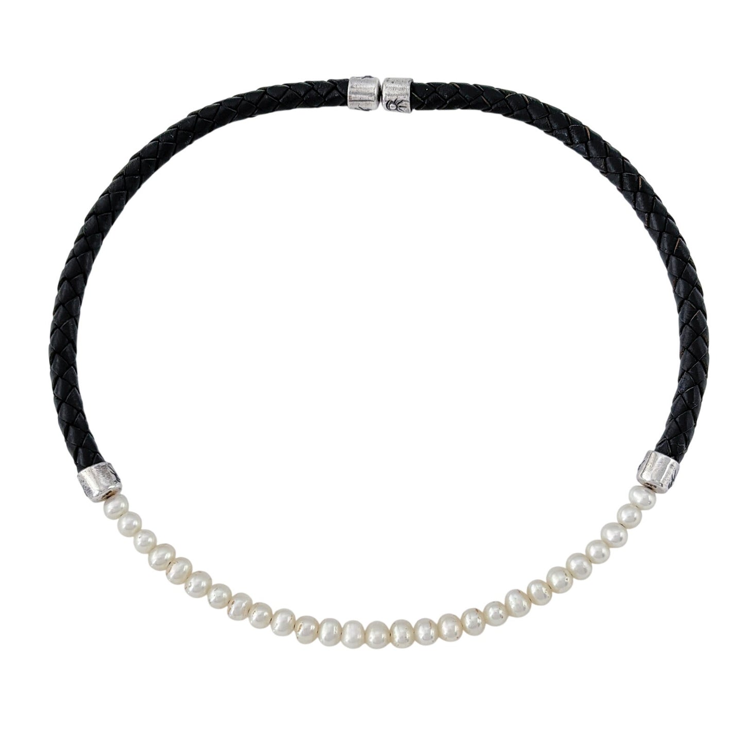 Vintage Sterling Silver 925 Black Braided Leather Pearl Necklace 16.5"