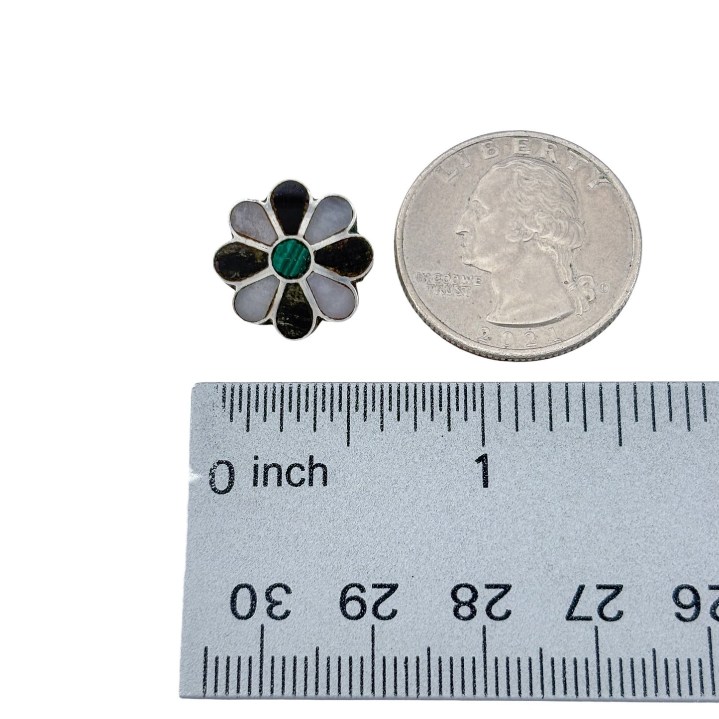 Vintage Sterling Silver 925 Malachite Mother Of Pearl Jet Flower Pendant