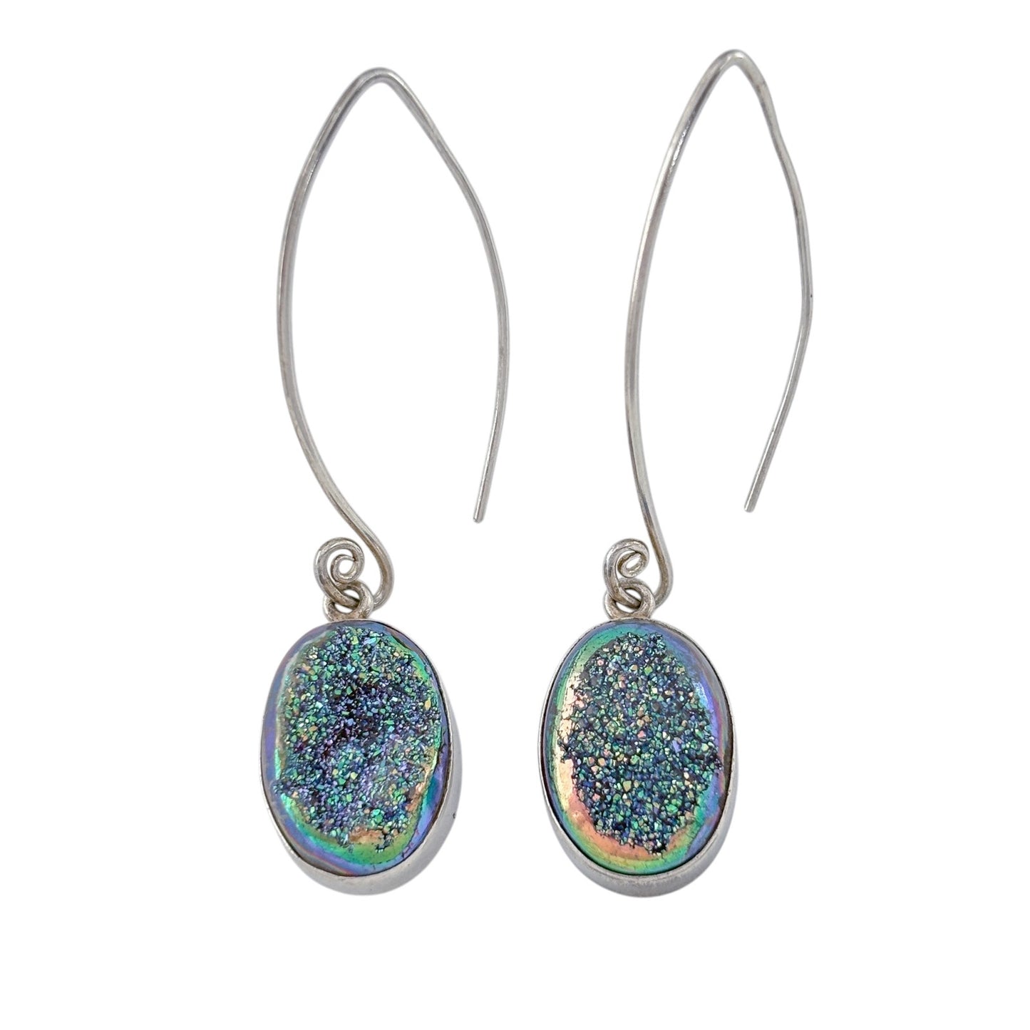 Vintage Sterling Silver 925 Blue Green Druzy Oval Earrings