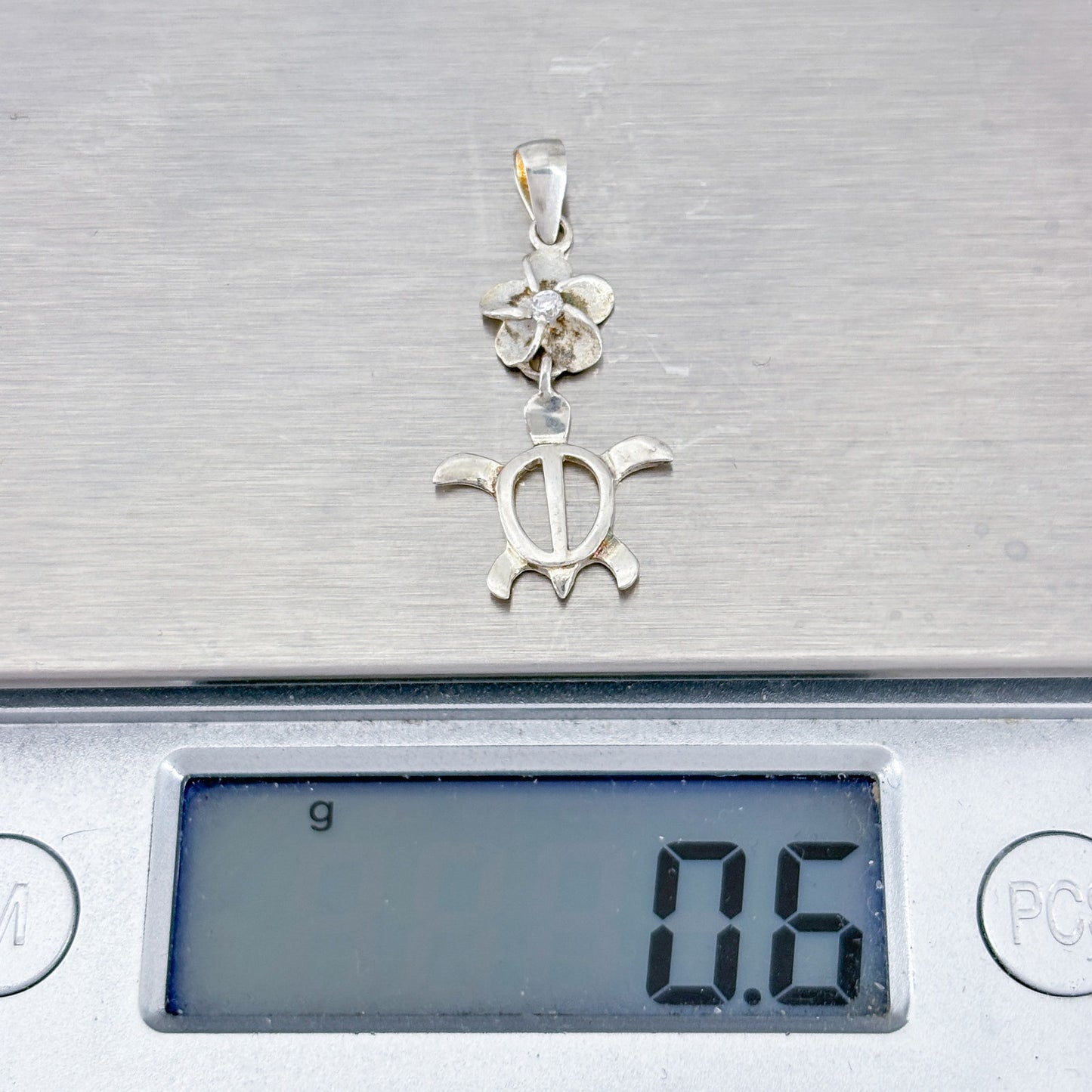 Vintage Sterling Silver 925 Cubic Zirconia Sea Turtle Plumeria Pendant