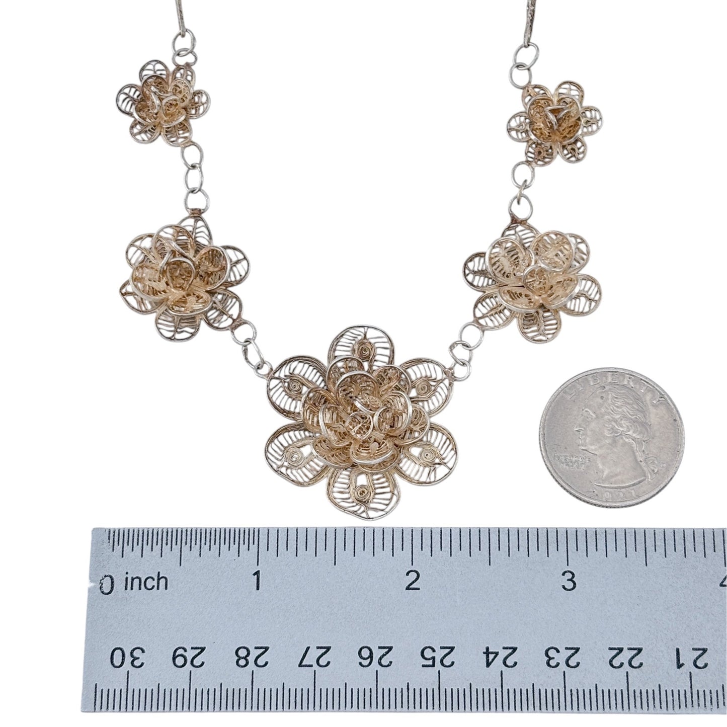 Vintage Mexico Sterling Silver 925 Filigree Flower Necklace 19"