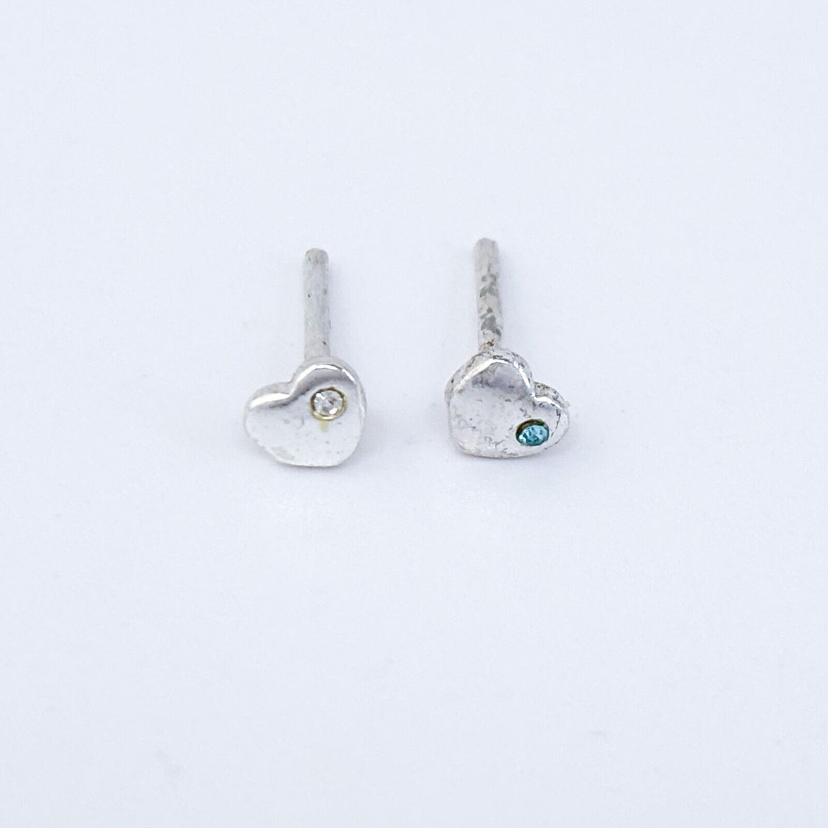 Vintage Sterling Silver 925 Blue White Crystal Heart Stud Earrings